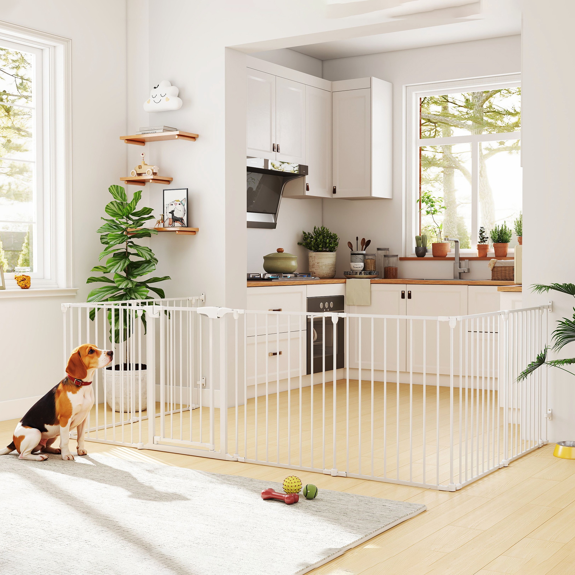 Haustierzaun, 8-Panel-Barriere mit Tür, faltbar, für kleine & mittelgroße Hunde, Kunststoff, Kohlenstoffstahl, Weiß