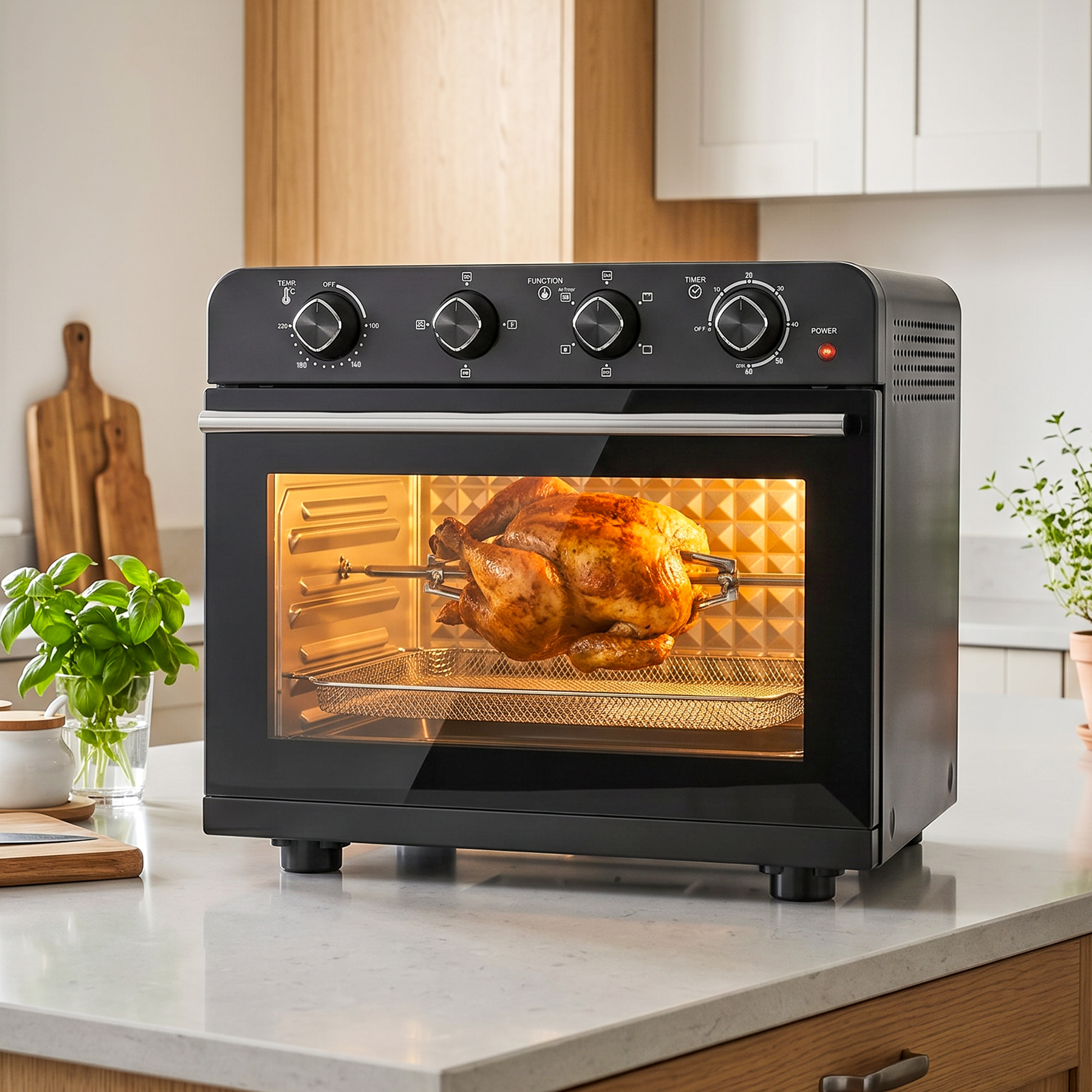 Heißluftfritteusen-Backofen mit Umluft und Drehspieß-Set, Temperaturregler, Timer, 1800 W