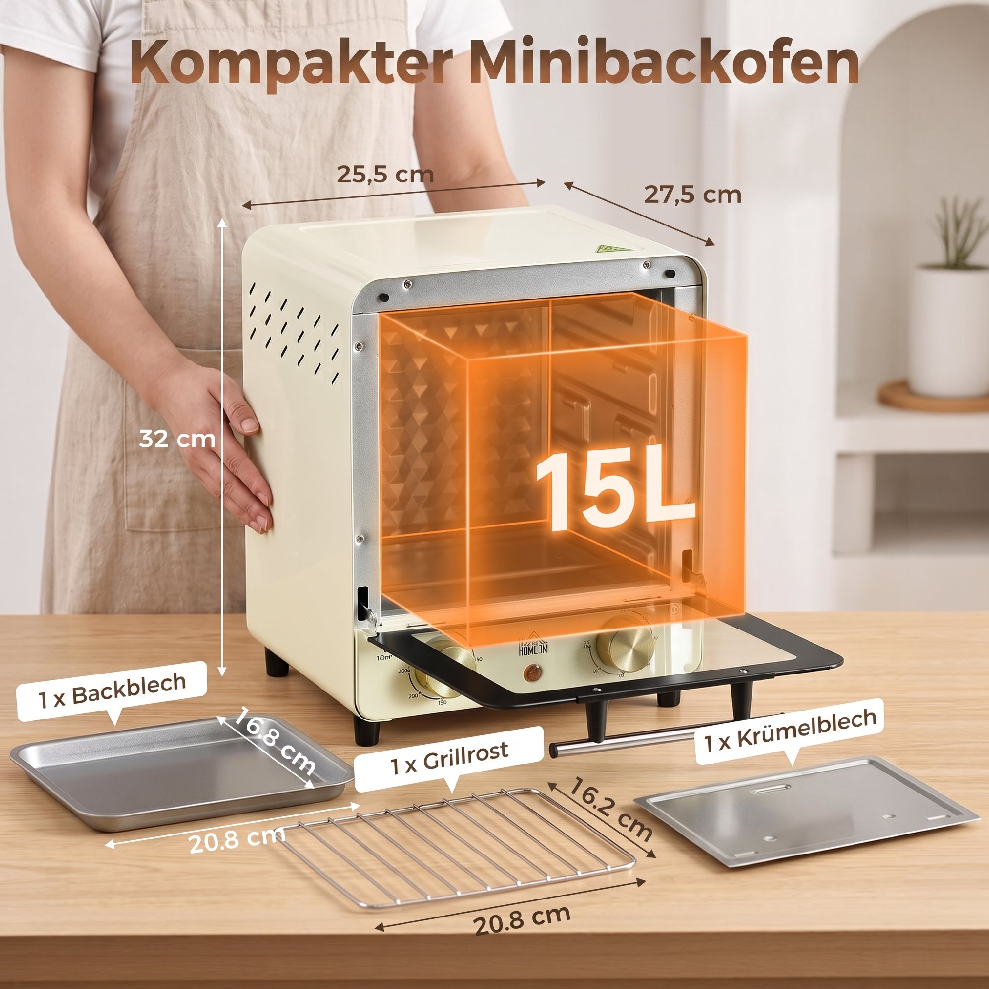 Mini Ofen 15L Fassungsvermögen, höhenverstellbares Backblech und Gitterrost, 1000W, Cremeweiß
