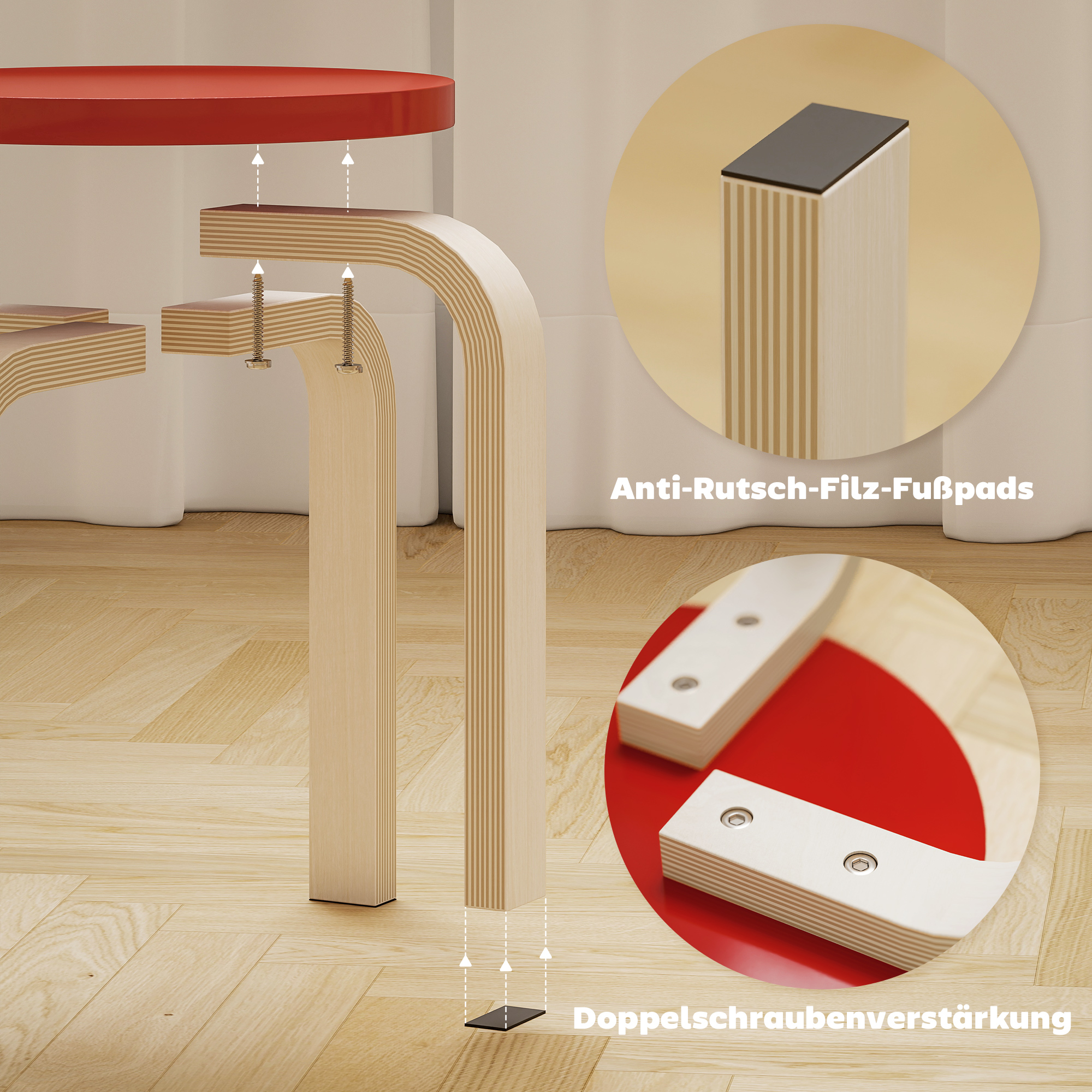 4 Stapelhocker mit Filzfußpolstern, Birken-Sperrholz, lackiert, Bunt