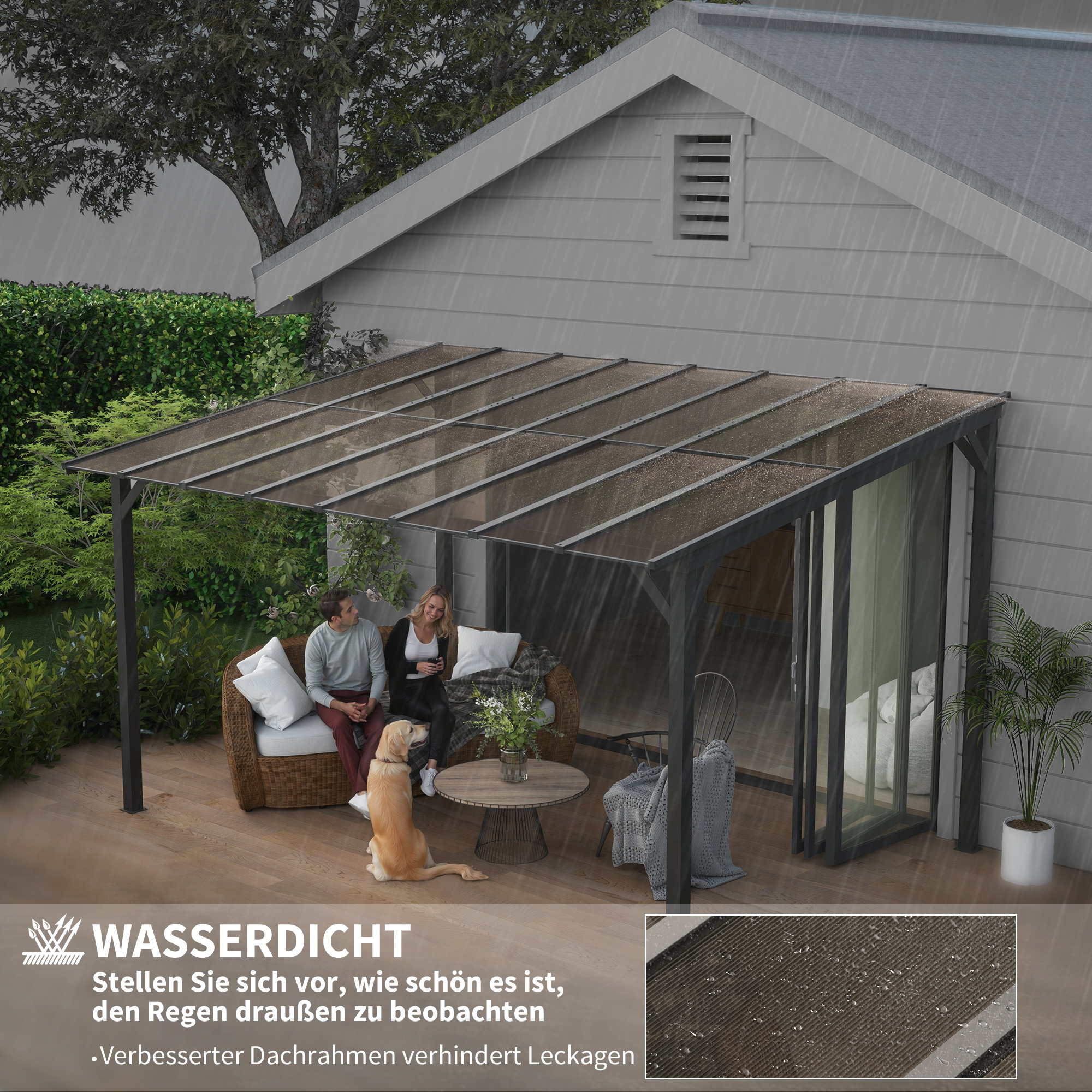 Terrassenüberdachung ca, 3 x 4,3m freistehende Terrassendach mit schrägen Polycarbonat-Dach Wandmontage Dunkelgrau