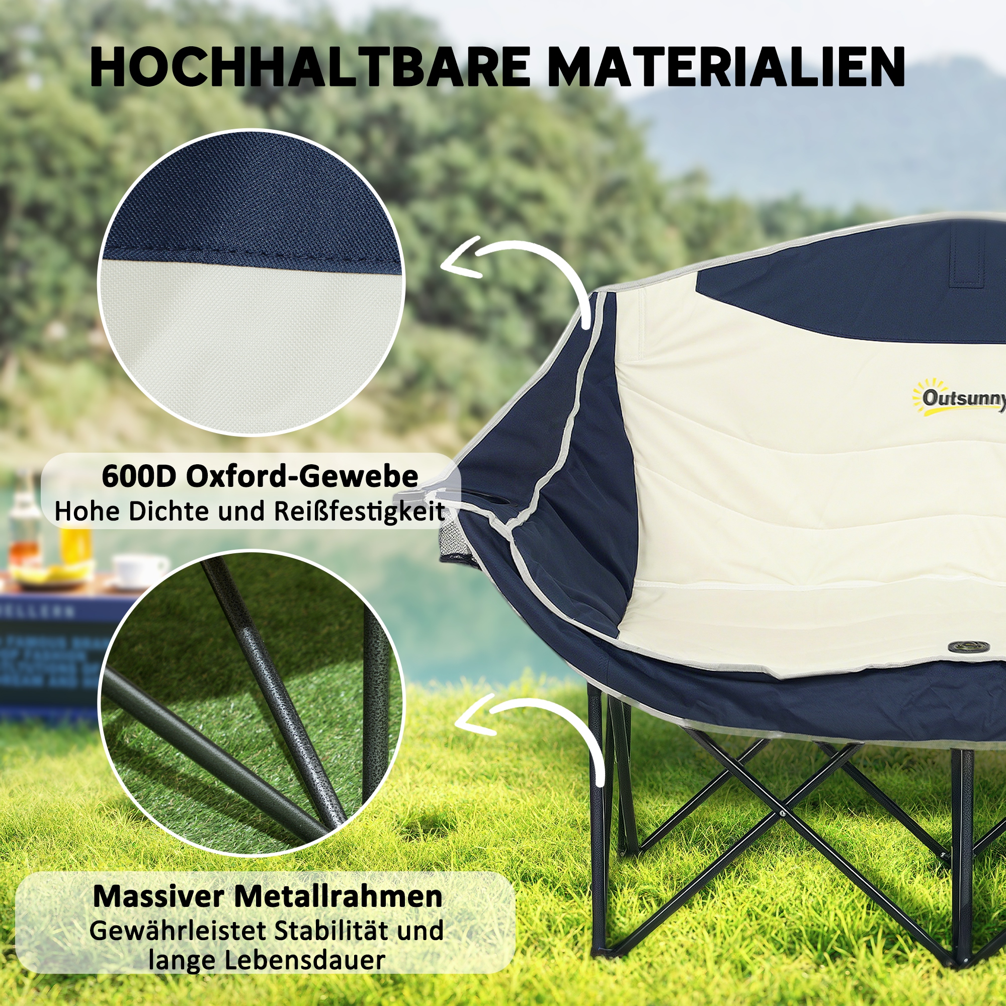 Faltstuhl faltbar 2 Sitzer Campingstuhl mit Getränkehalter Tragetasche bis 250kg belastbar Blau