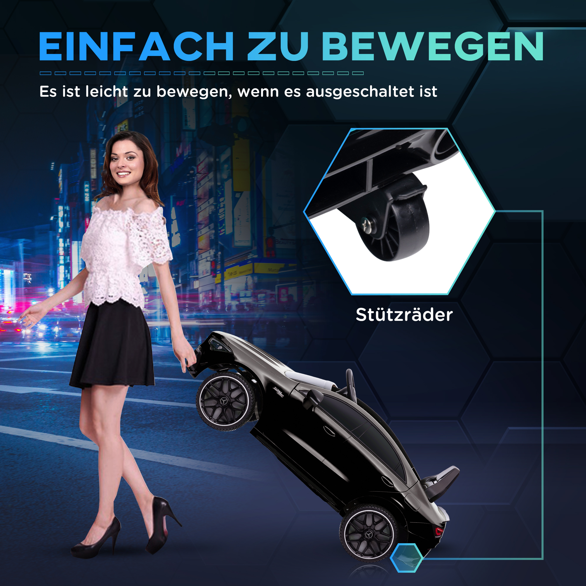Kinder-Elektroauto, fernsteuerbar, mit Transportrollen, LED-Lichter, Hupe, für Kinder von 3-6 Jahren, Schwarz