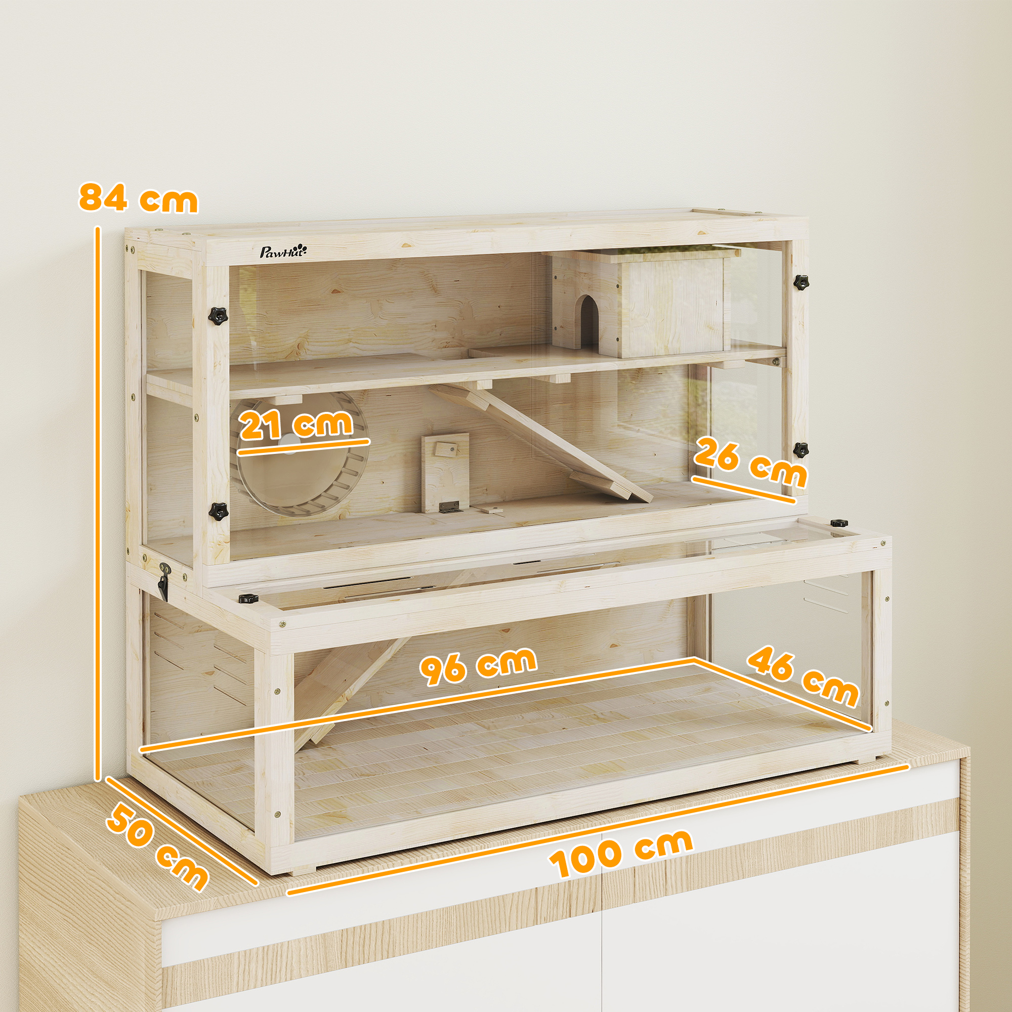 Hamsterkäfig, 3 Ebenen, Hütte, Zubehör, 100 x 50 x 84 cm, für mehrere Kleintiere, Holz, Kunststoff