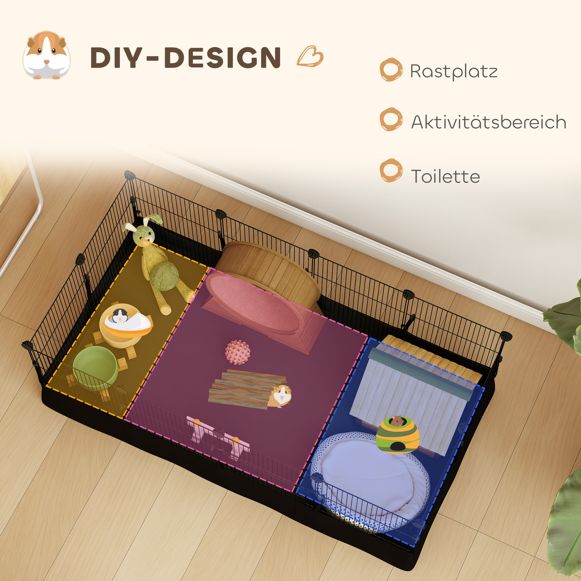 Kleintiergehege mit Bodenplatten Freilaufgehege Laufstall mit 12 Paneel, wasserdichte Matte, 120x60x40 cm, Schwarz