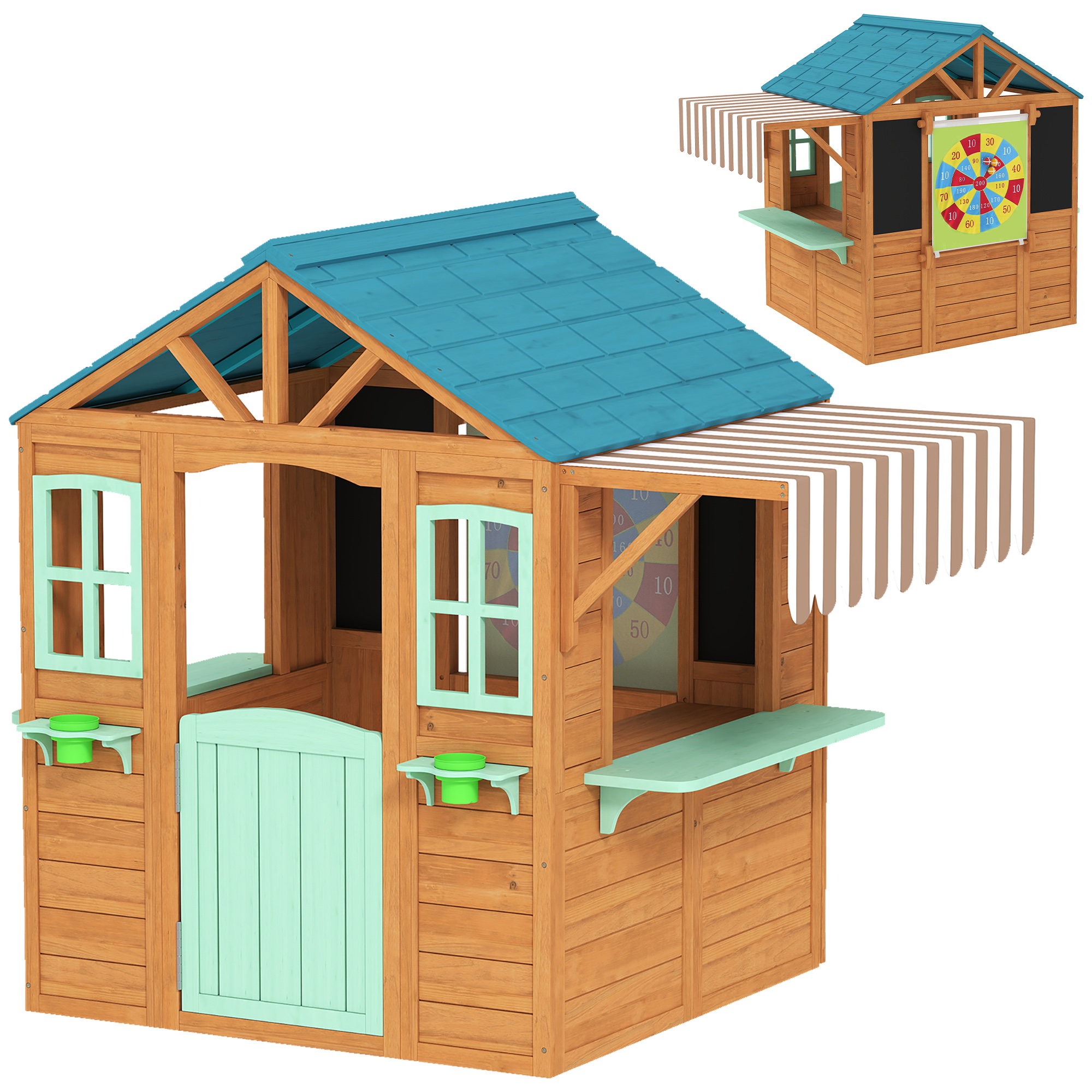 Outdoor Kinderspielhaus mit Verkaufstheke Pflanzenkasten Kreidetafel Zieltuch 4 Ball 142 x 120 x 141,5 cm Mehrfarbig