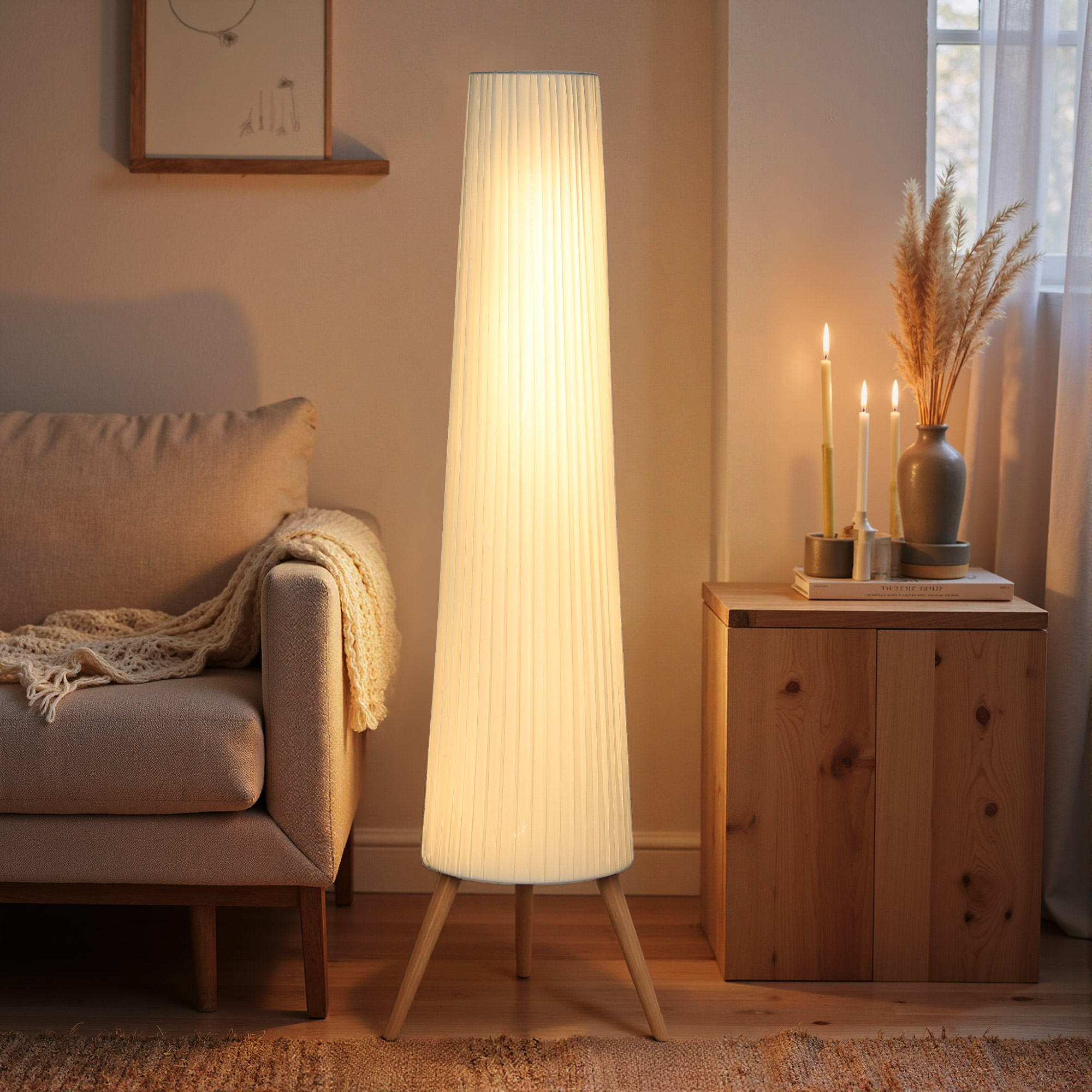 LED Stehlampe Wohnzimmer Dimmbar Holz mit Dreibein, Stehleuchte mit Fußschalter, 46 x 46 x 153 cm, Weiß