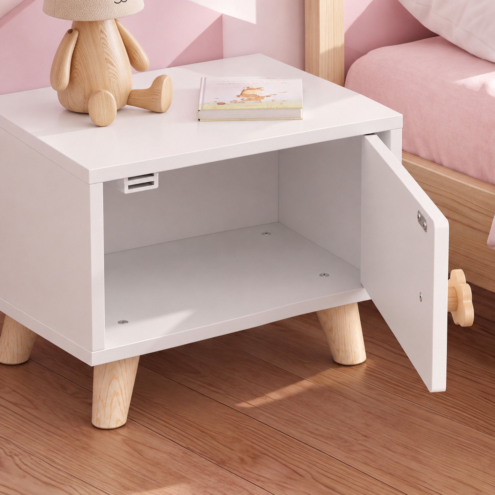 Kinder-Nachttisch aus Holz mit Staufach, Beistelltisch für Schlaf- und Wohnzimmer, Weiß