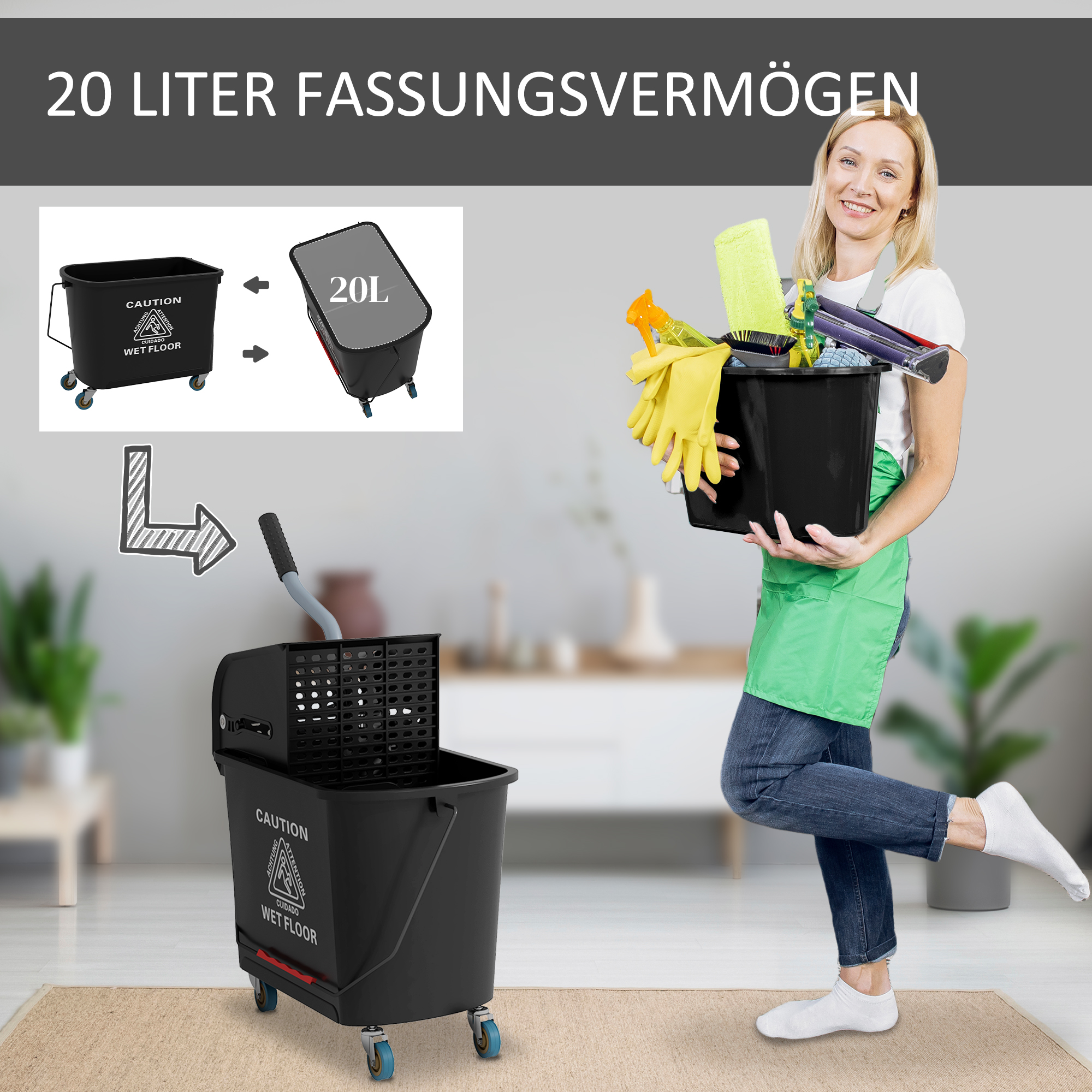 20l Mopp-Eimer mit Auswringer und Griff, Wischmopp-Eimer auf Rädern, Kunststoff, Schwarz
