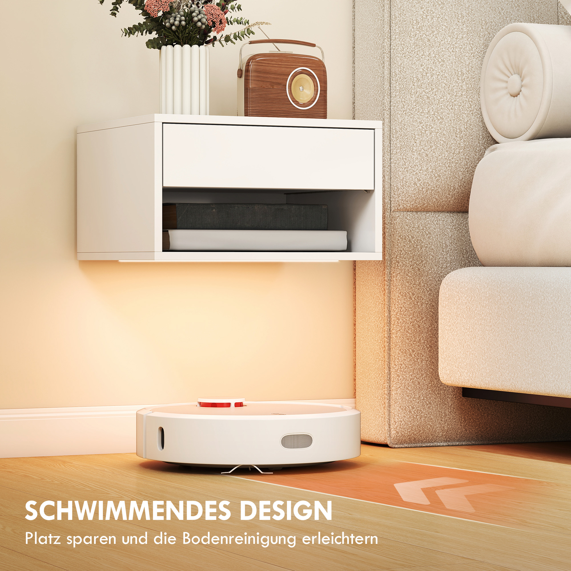 Nachttisch 2er-Set mit RGB-LED-Beleuchtung, schwebender Nachttisch mit Schublade und offenem Fach, Weiß