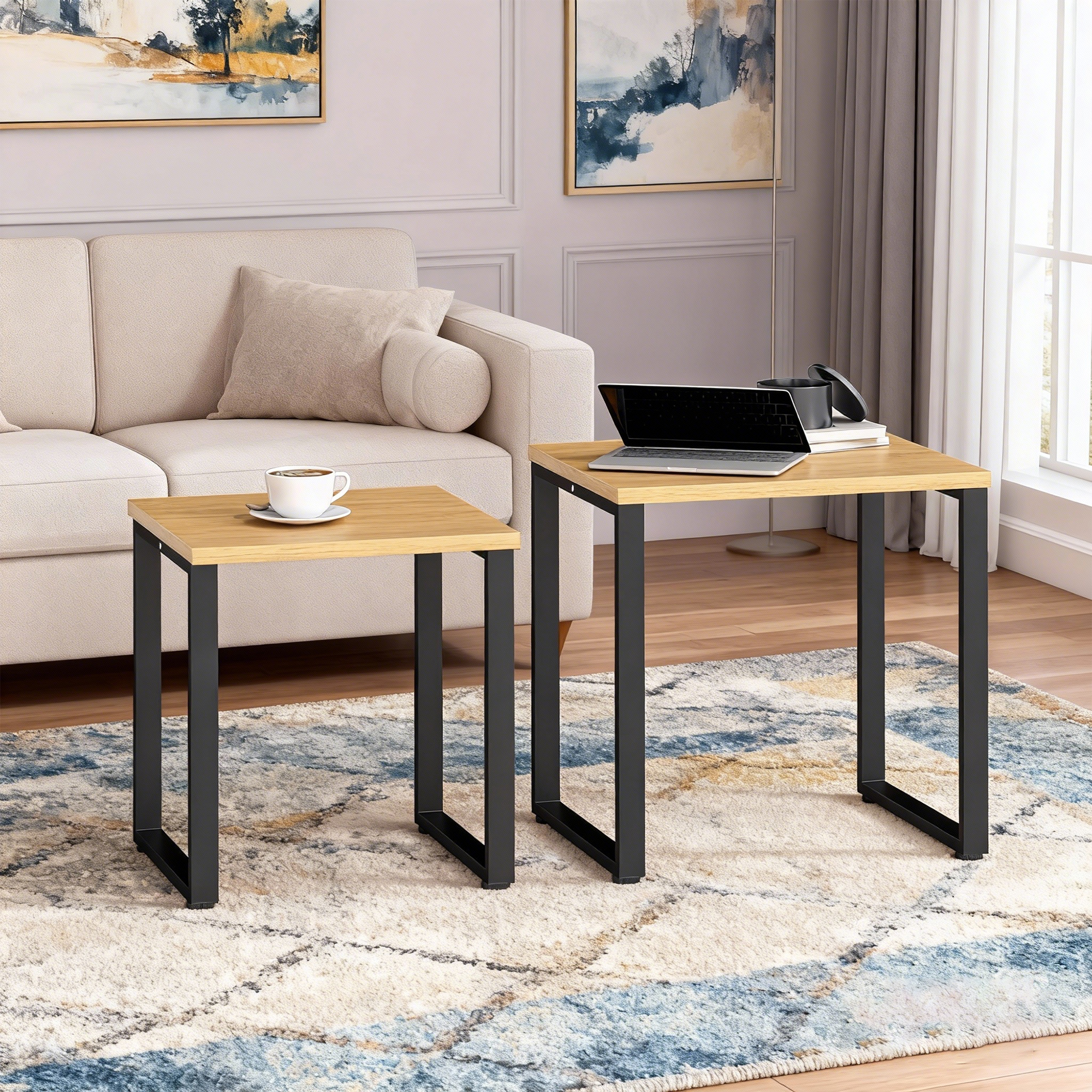 Couchtisch 2er Set Wohnzimmertisch mit Metallrahmen für Wohnzimmer Natur