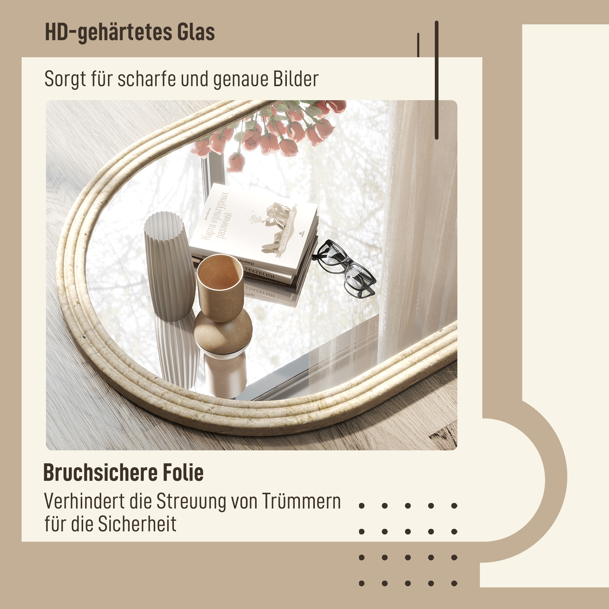 Wandspiegel Bogenförmig Spiegel mit Rahmen aus Polystyrol Dekorativer Hängespiegel 50 x 70 cm Beige