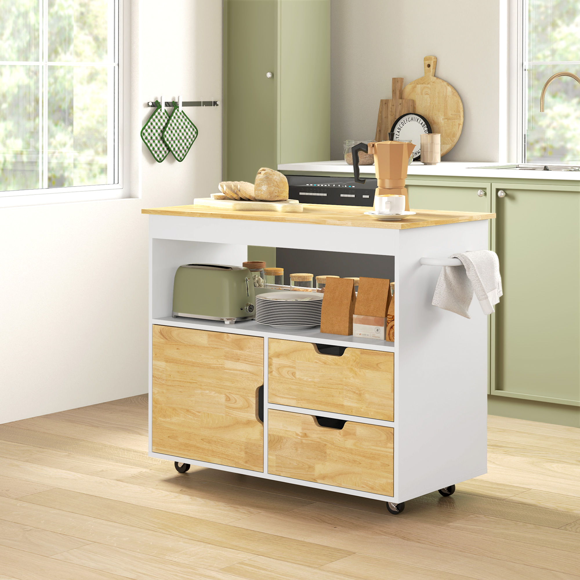 Küchenwagen, Rollbare Kücheninsel, Küchen-Trolley mit Fächern, Schrank und Arbeitsfläche, Weiß