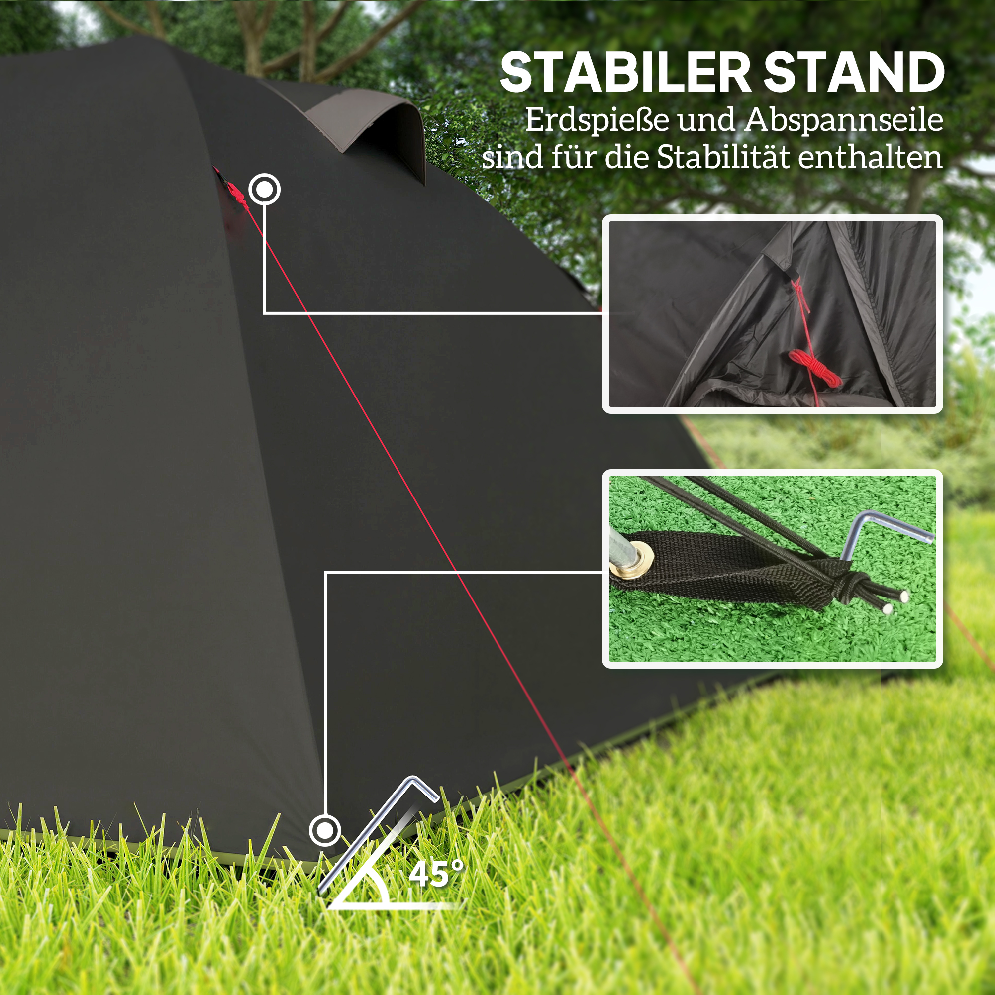 Tunnelzelt für 4 Personen leicht, stabil wasserdicht UV 50+ Campingzelt mit Vordach Doppeltür Schwarz