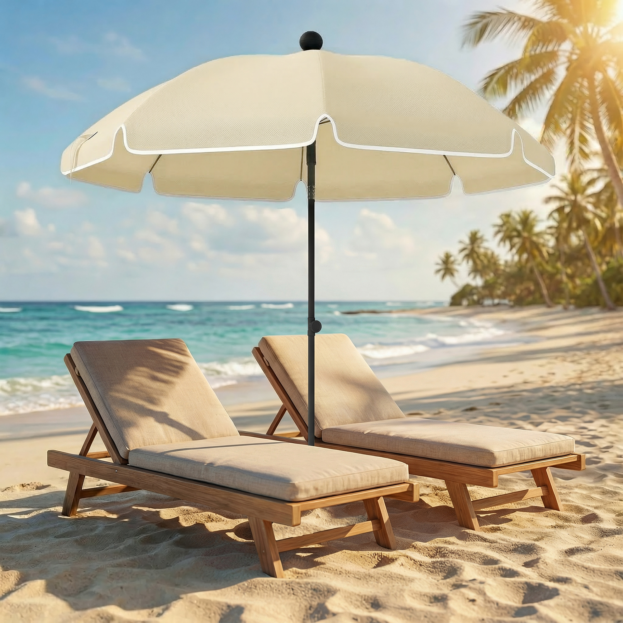 Sonnenschirm Strand Ø150 cm wasserabweisend faltbar Strandschirm mit Sandanker verstellbarer Neigung Tragetasche Beige