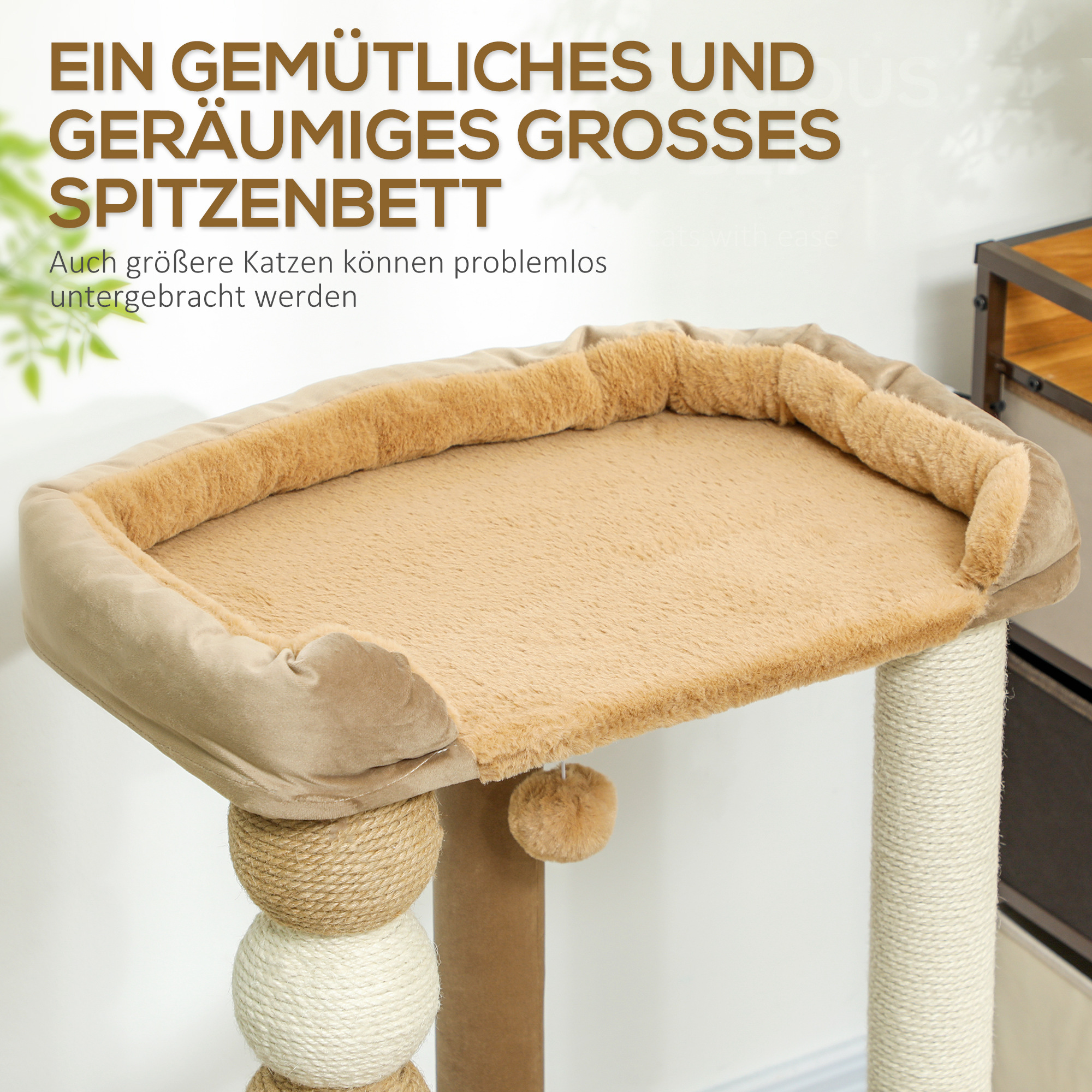 Kratzbaum mit 2 Etagen, Spielball, Kratzstämmen, Kratzkugeln, bis 7 kg, 56 x 54 x 86 cm, Braun