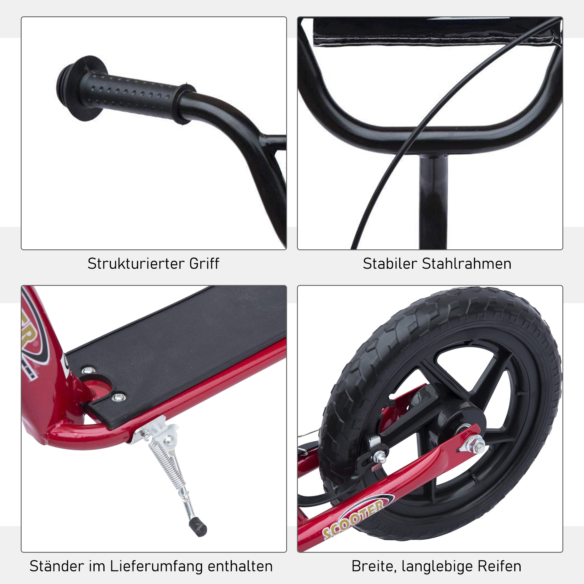 Kinderroller mit Hinterbremse Kickscooter 12 Zoll Tretroller Roller Scooter Cityroller für Kinder Kickboard Höhenverstellbar Stahl EVA Rot 120 x 52 x 80-88 cm