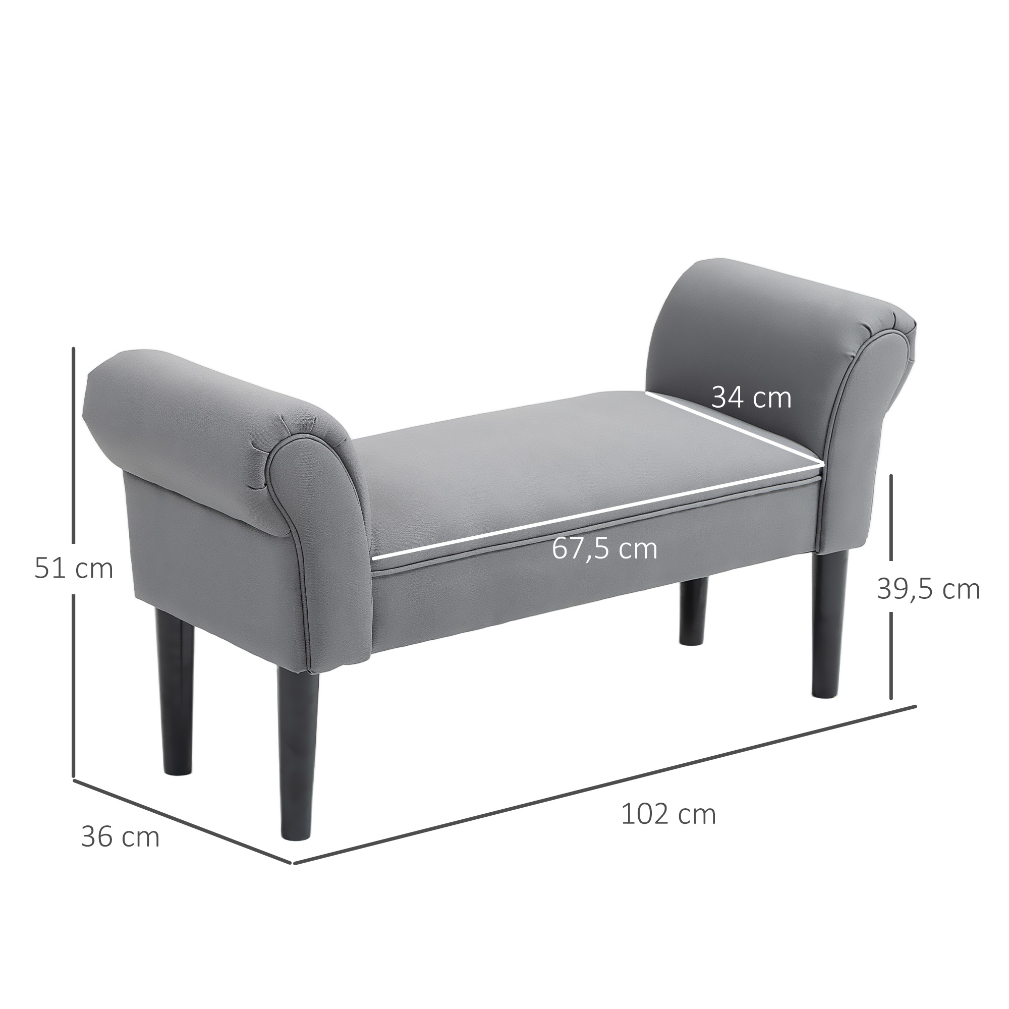 Sitzbank, Bettbank, robuste Bauweise, weiche Polsterung, 102x36x51 cm, Grau