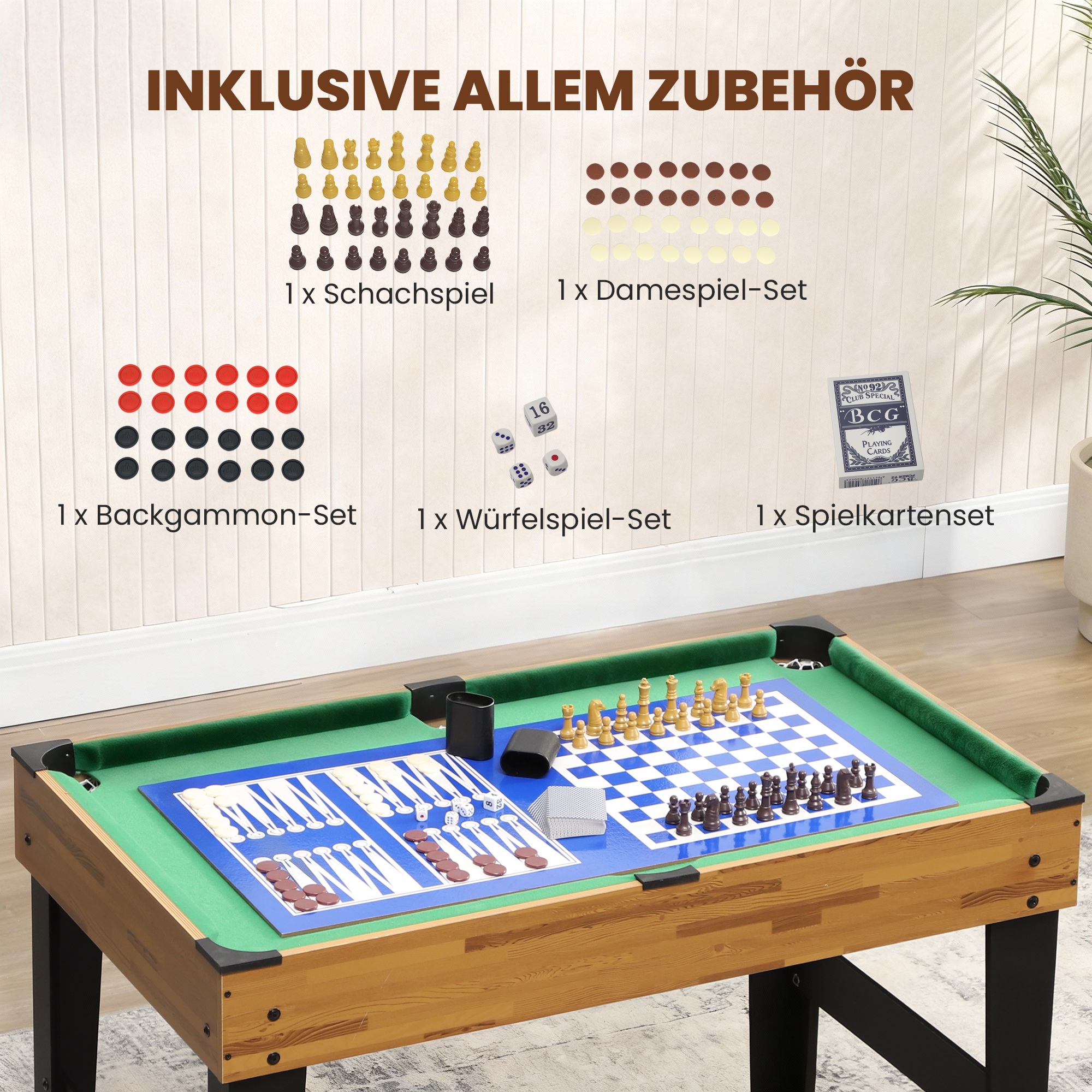 13-in-1 Spieletisch, Tischfußball, Schach, Billard, Tischtennis und mehr, MDF, Kunststoff, Walnuss