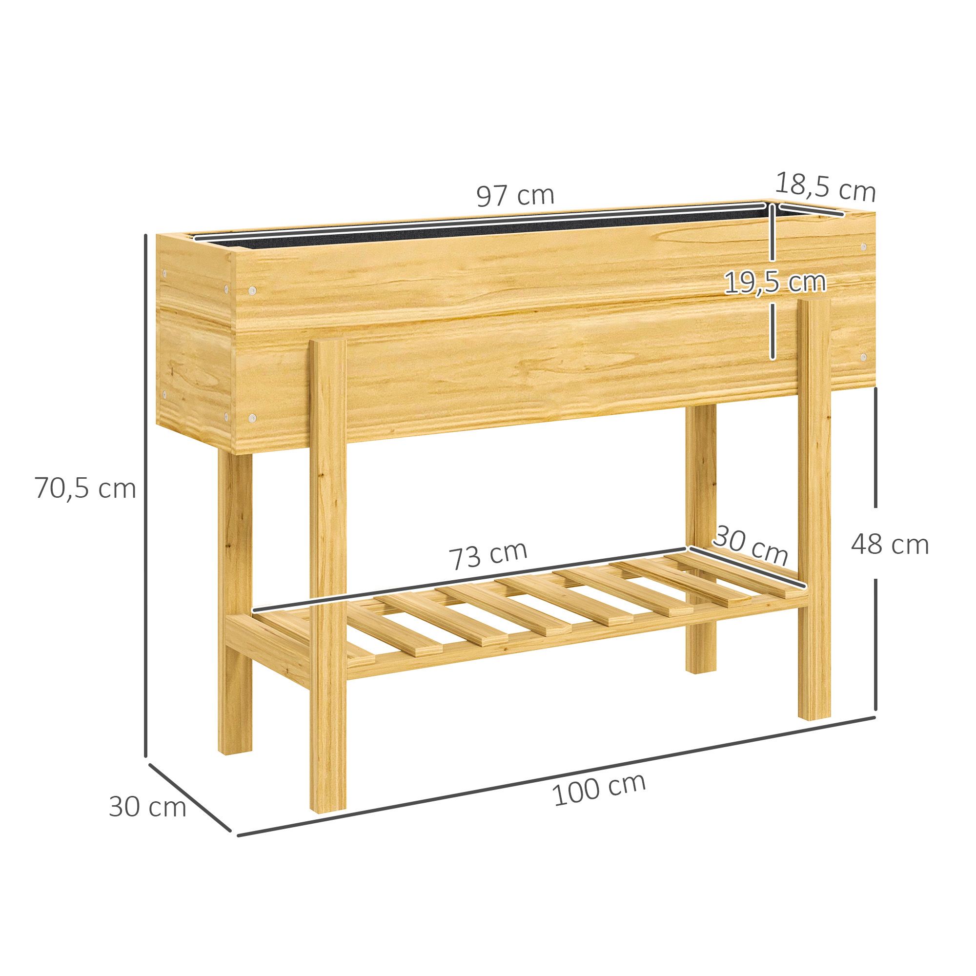 Blumenkasten mit unterem Regal, Holzbeet mit Vlies-Auskleidung und Entwässerungslöchern, 100 x 30 x 70,5 cm, Naturholz