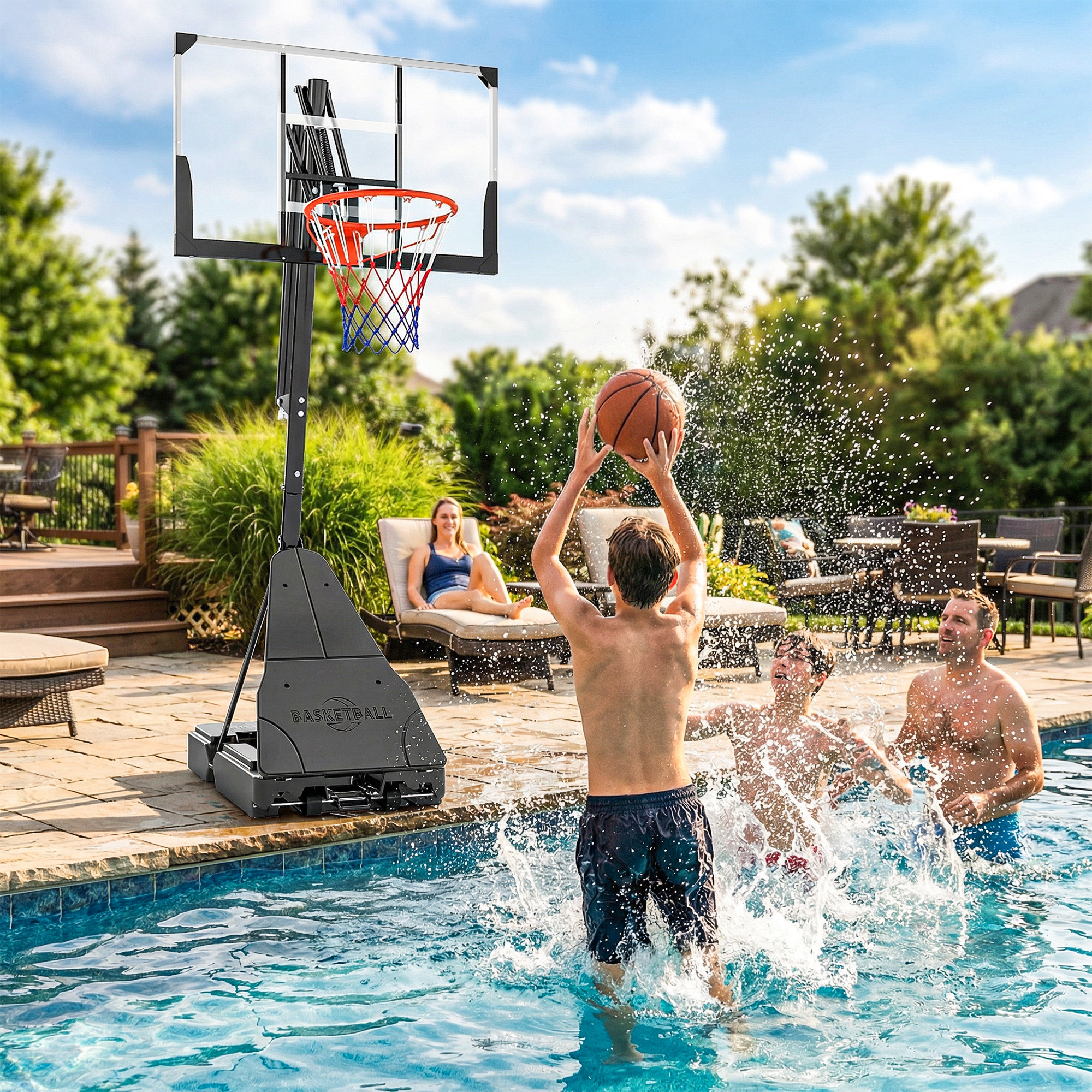 Mobiler Basketballkorb, höhenverstellbar von 2,45-3,05 m, bruchsicheres Backboard, Handkurbel-Höhenverstellung