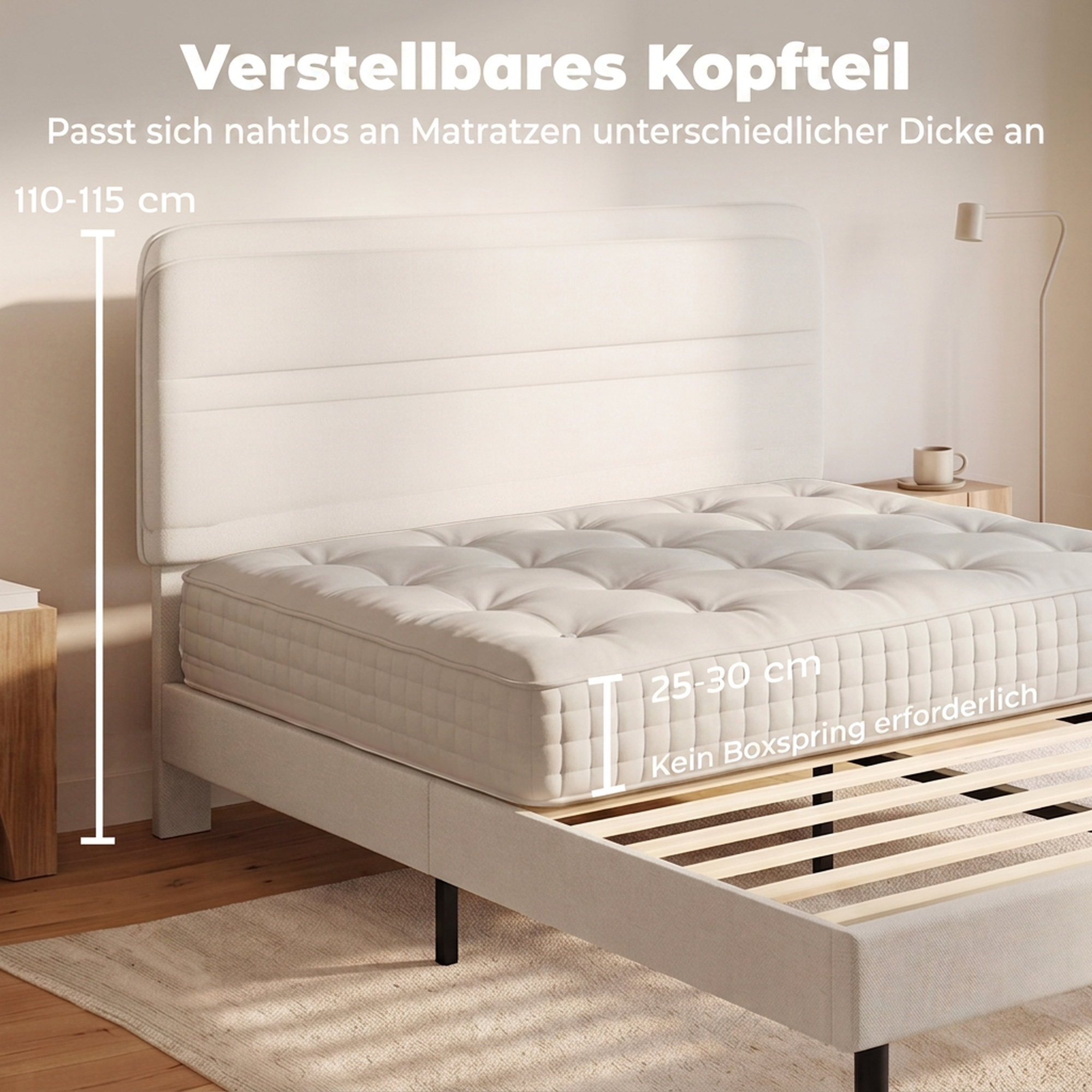 Bettgestell 140 x 200 cm mit verstellbarem Kopfteil, Polsterbett in Leinenoptik mit 12 Sperrholzlatten, Beige