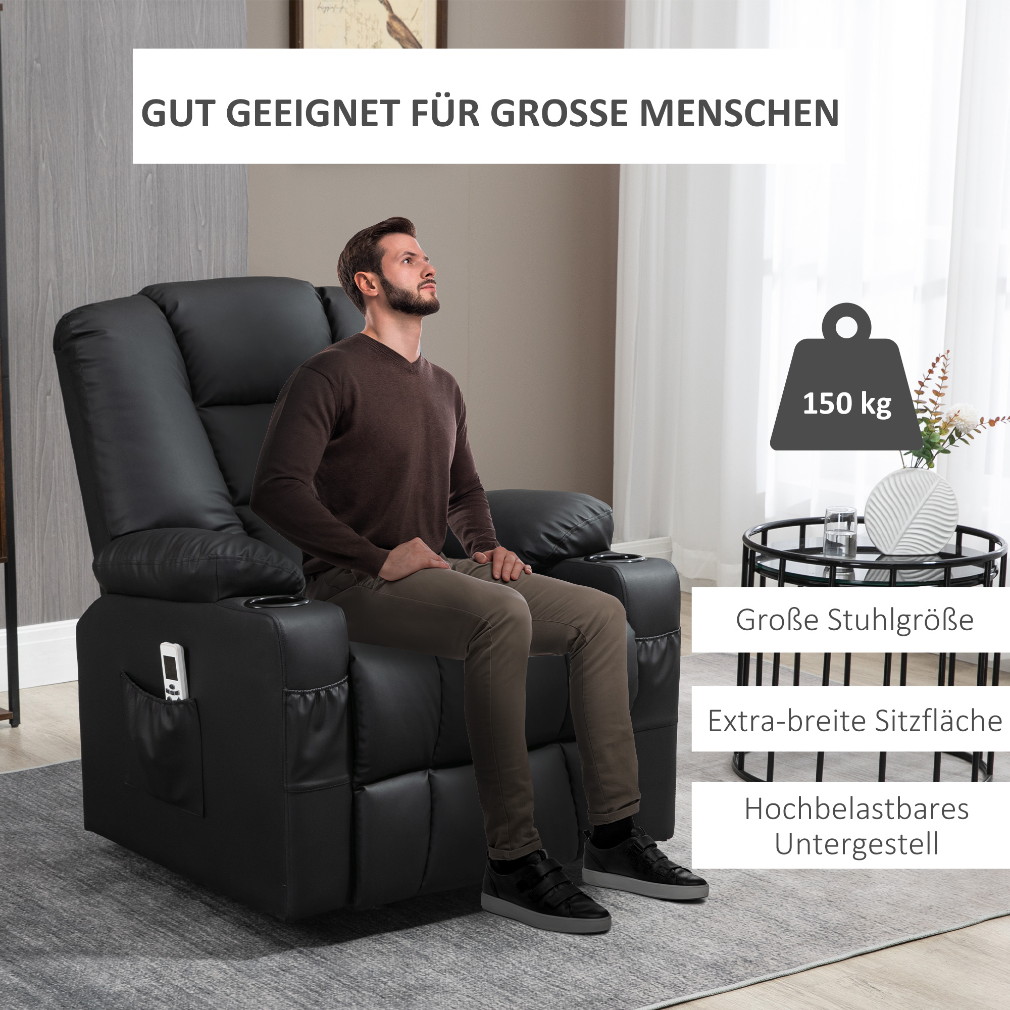 Relaxsessel mit Aufstehhilfe, USB, Massagefunktion, Kunstleder, bis 150 kg, 90x98x102 cm, Schwarz