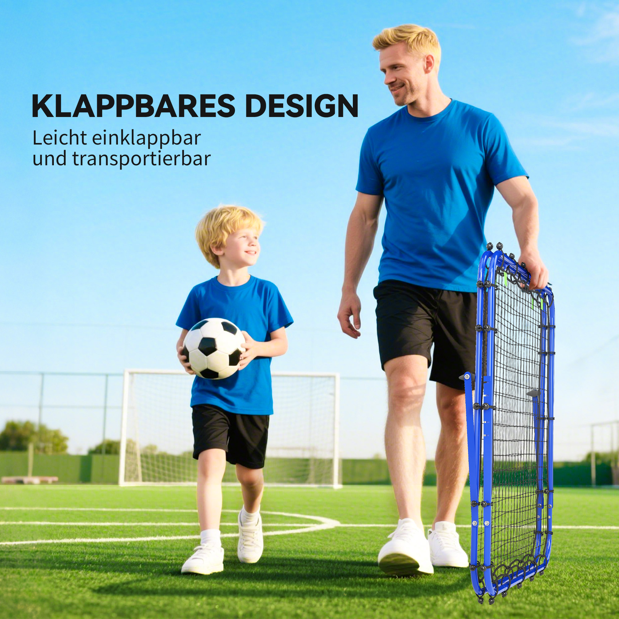 Doppelseitige Rebounder für Fußball, verstellbar Prellwand mit 5 Winkelpositionen Rückprallwand Netz, 100 x 68-95cm Kickback Tor für Jugendliche, Rückprallwand für Handball Training, Blau