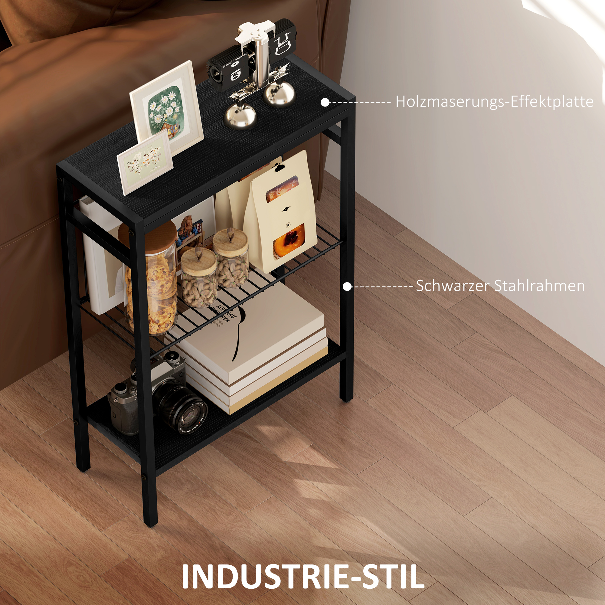 Beistelltisch, 3-stufiges Design, Regale in Holzoptik, Stahlrahmen, Schwarz