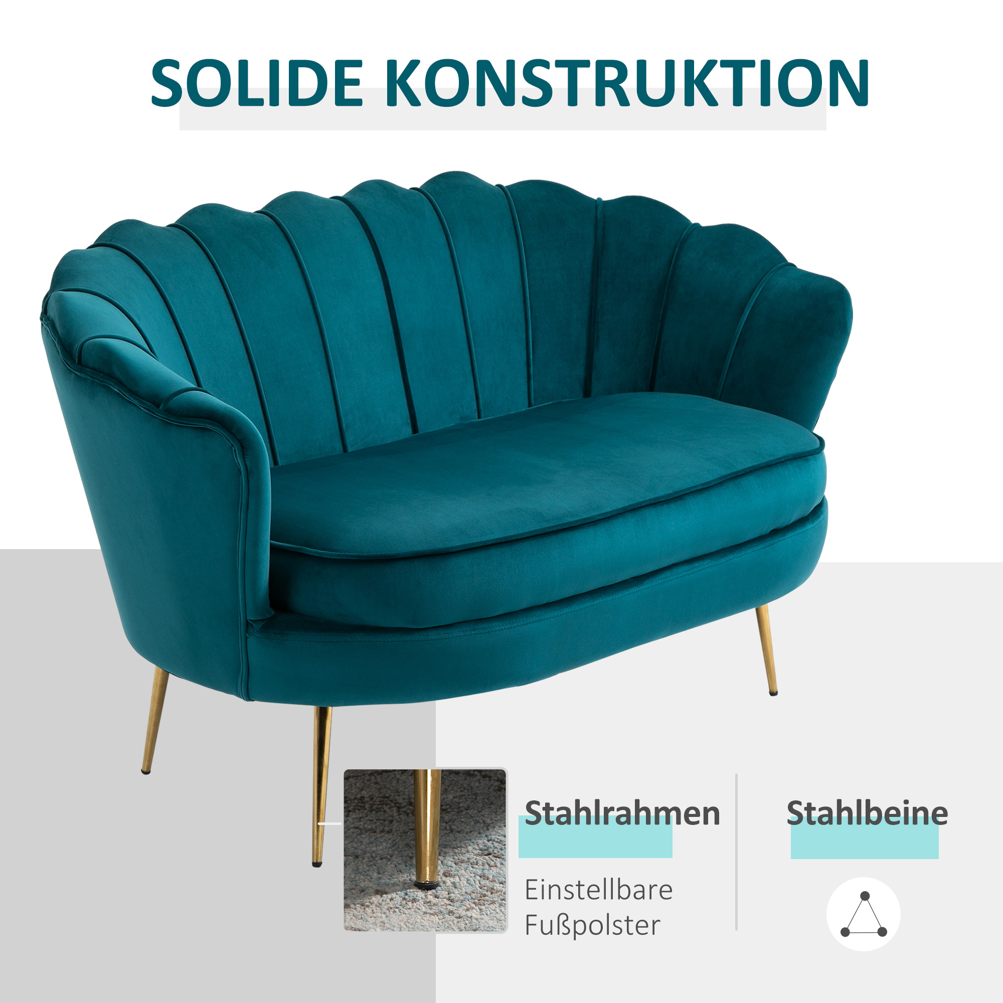 2-Sitzer-Sofa, Couch, Polstersofa, Samtoptik, Doppelsofa, bis 150 kg belastbar, 130 x 77 x 77 cm, Dunkelgrün