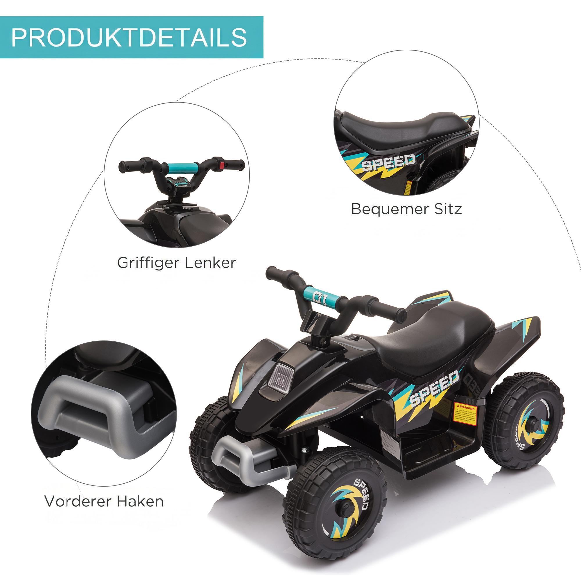 Kinder Quad Elektro 6V Kinderquad mit Vorwärts-, Rückwärtsfunktion für Kinder 1,5-3 Jahre bis 20 kg Schwarz