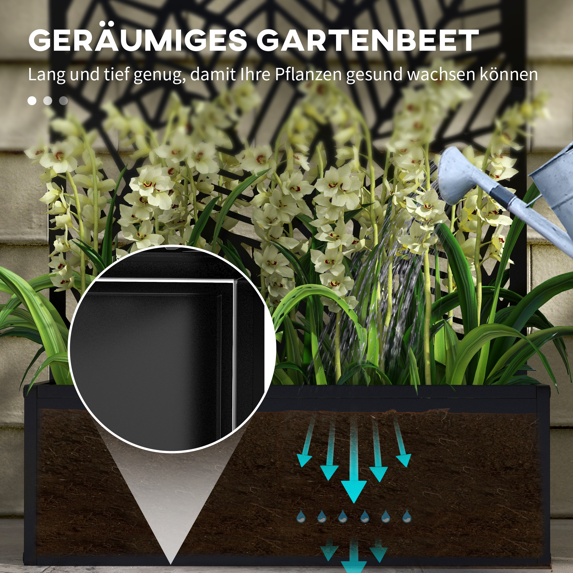 Sichtschutz mit Blumenbeet, Außen-Paravent, Trennwand mit Blumenkübel, Metall, Schwarz