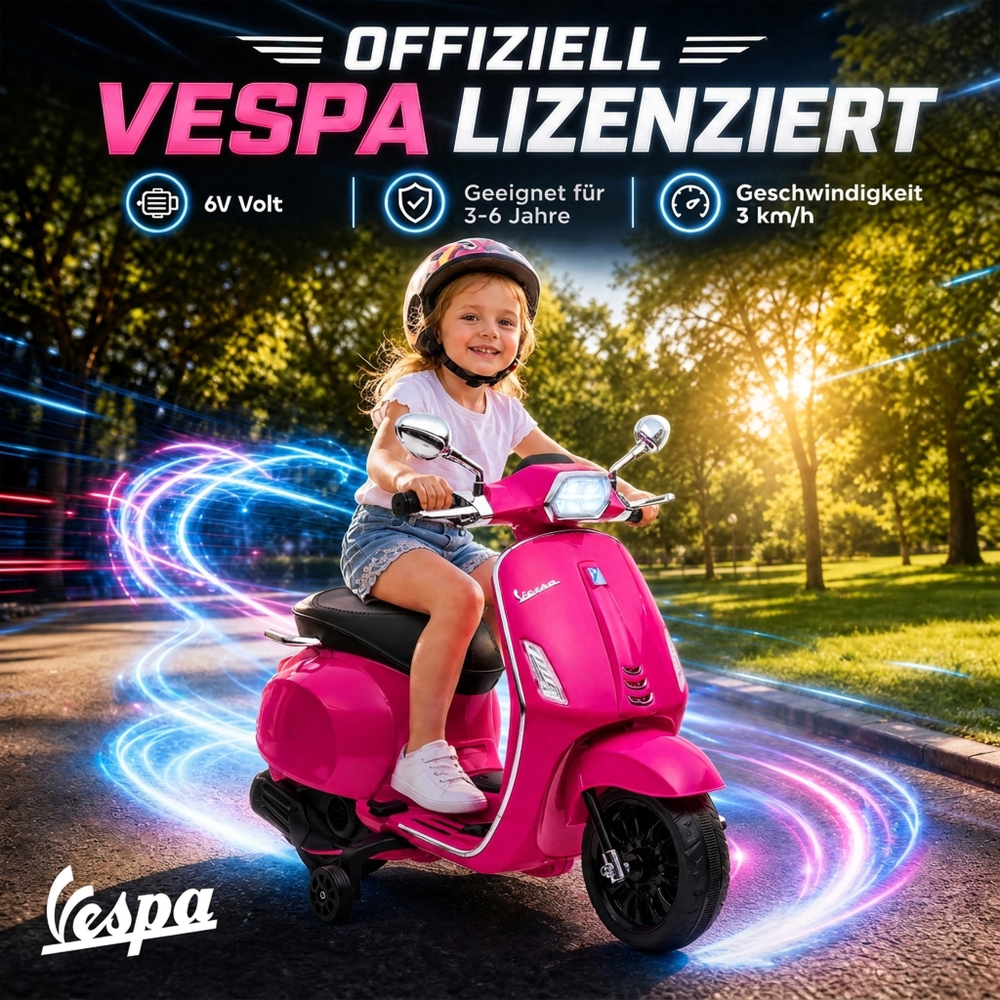 Elektro-Kindermotorrad, Vespa, 3 km/h, 3-6 Jahre, Musik, Licht & Radio, Rosa