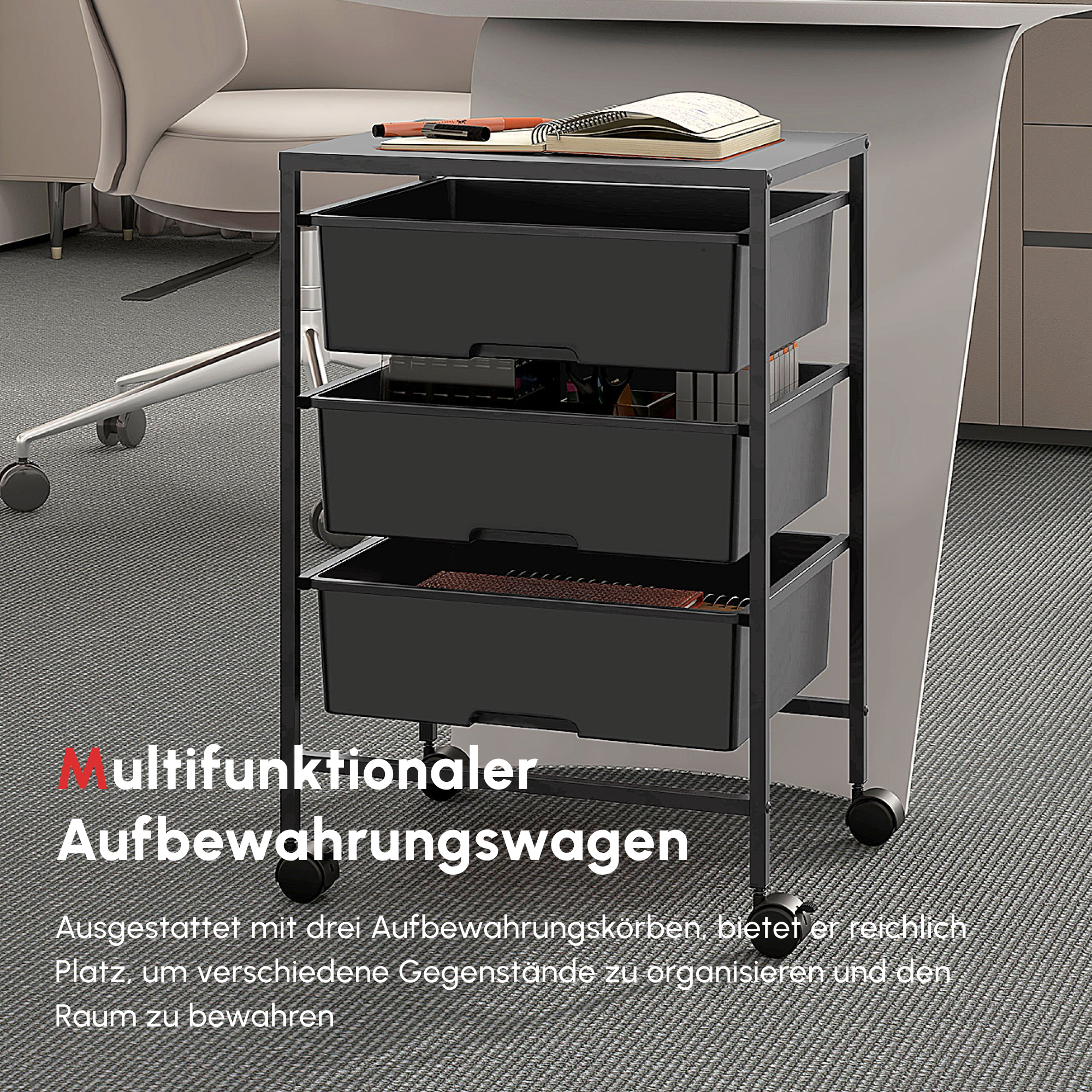 Beistellwagen mit Rädern, 3 Körbe für Transport und Aufbewahrung, Küchenwagen, 40,8L x 33,5B x 60,5H cm, Schwarz