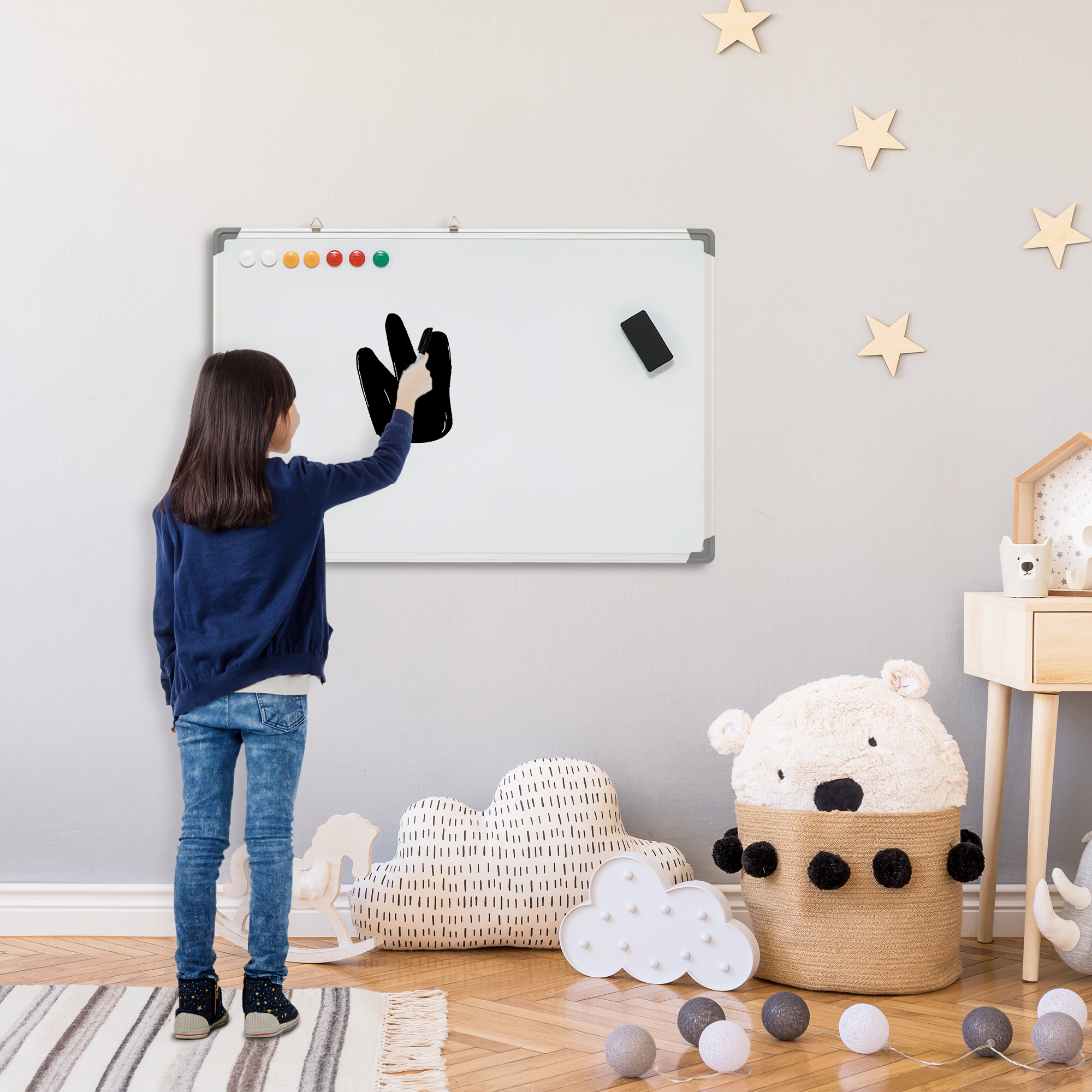 Whiteboard, Magnettafel, Notiztafel, inklusive Zubehör, 4 Stifte, 1 Schwamm, 10 Magnete, Weiß + Silber