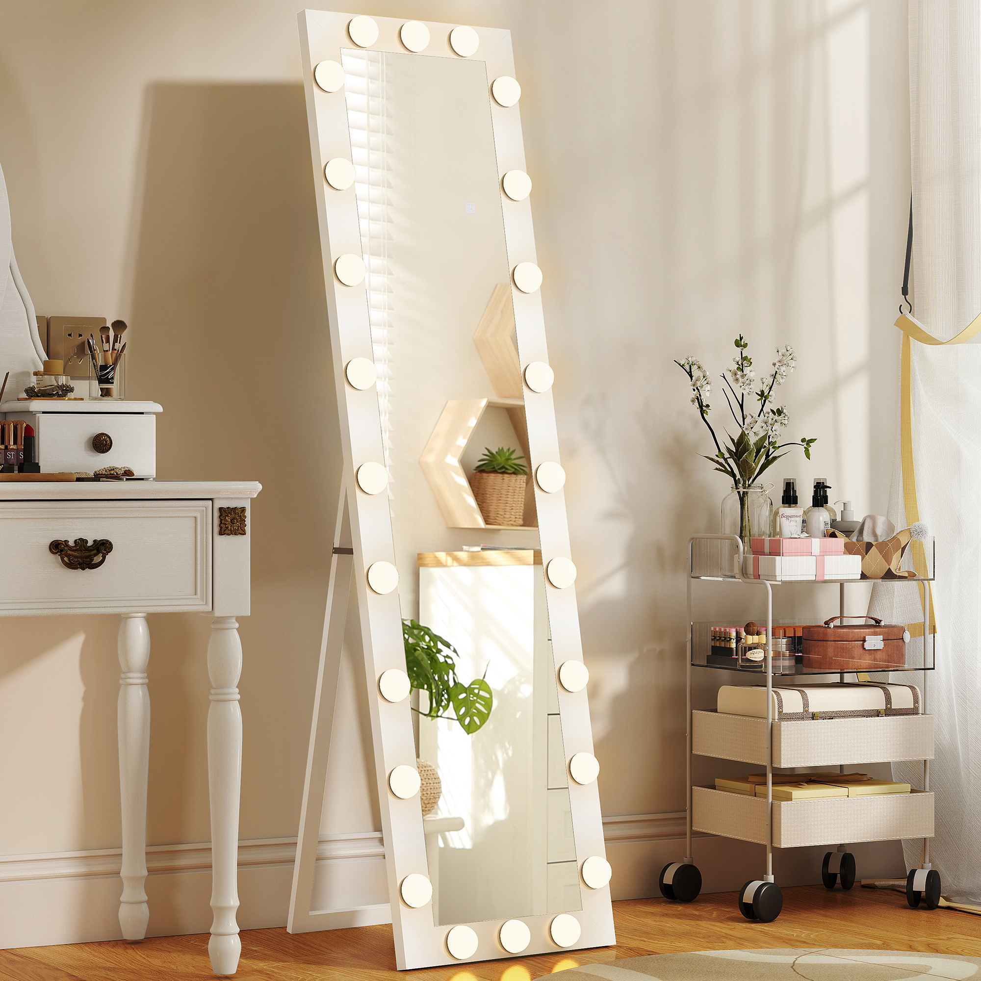 Ganzkörperspiegel 150x40 cm LED Spiegel mit 24 Glühbirnen 3 Lichtfarbe, freistehend oder anlehnbar Weiß