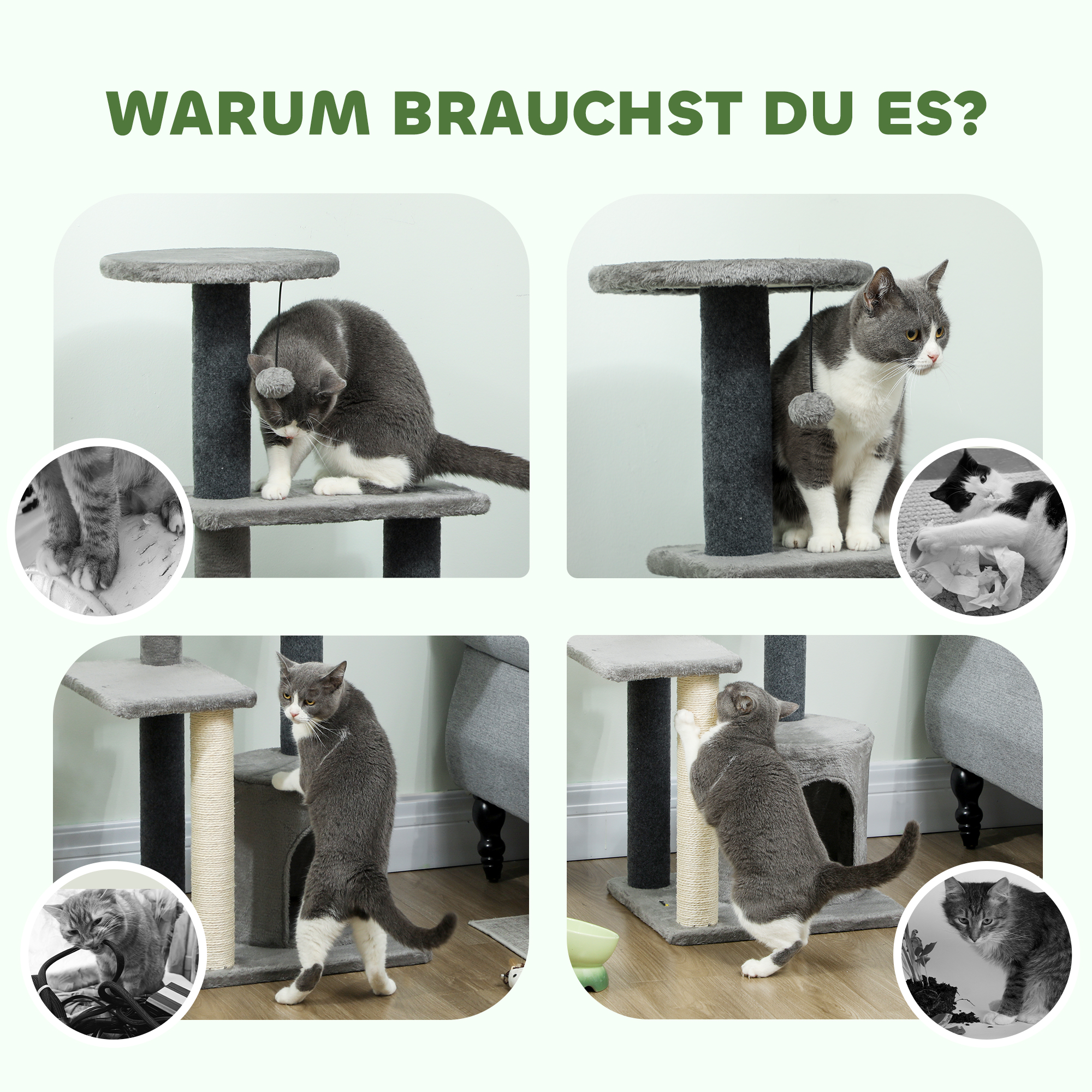 Kratzbaum 103 cm Katzenbaum mit Katzenhöhle, Plattformen, Sisal-Kratzsäulen, Plüschball für Katzen bis 5 kg, Grau