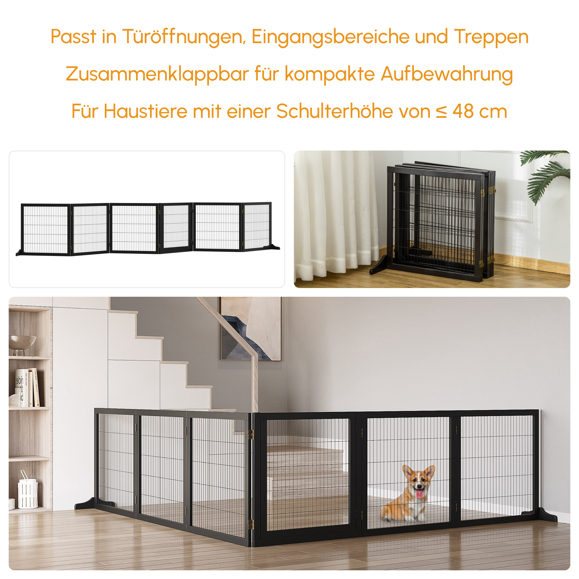 Absperrgitter für Hunde klappbar 432 x 36 x 70cm Kiefernholz Schwarz