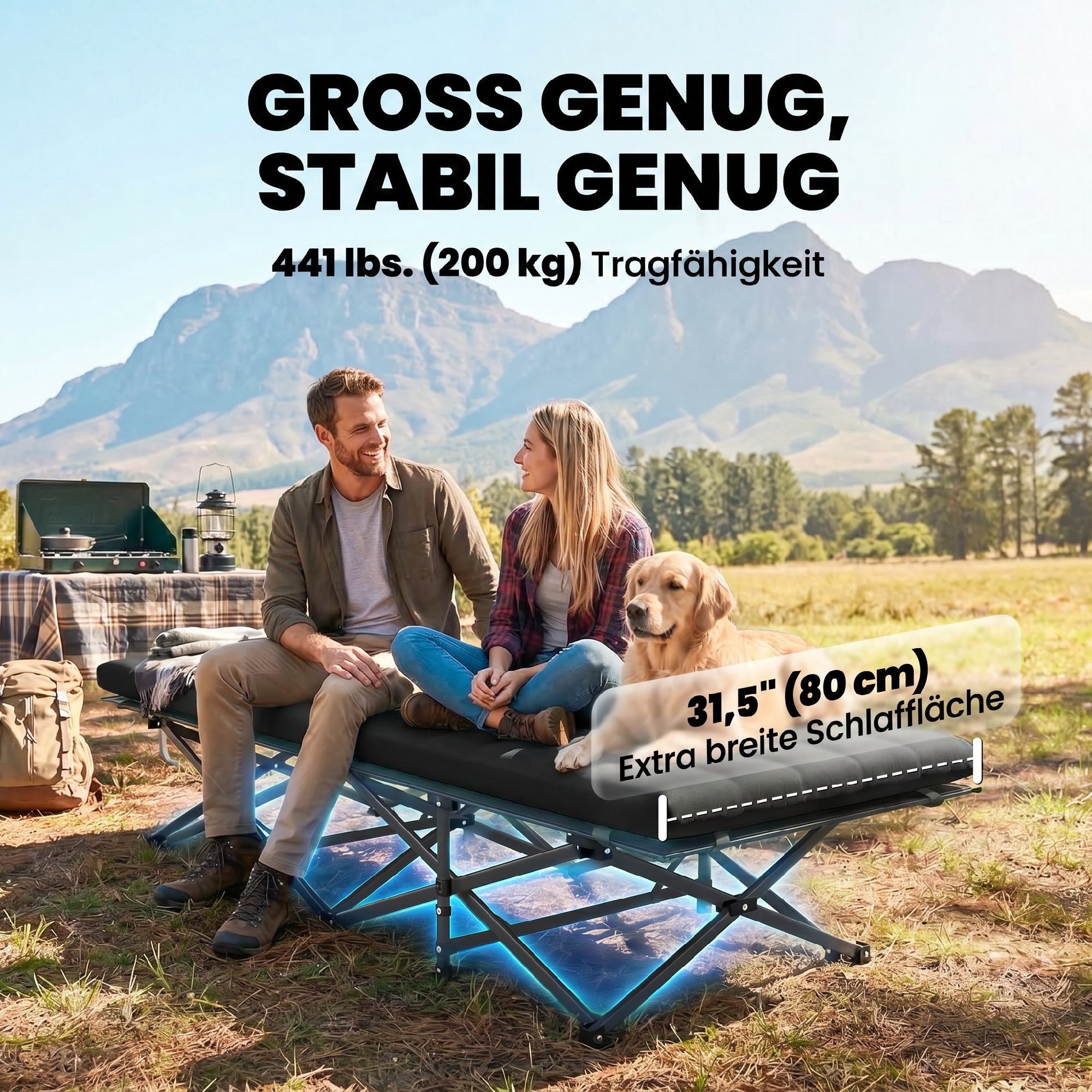 Feldbett faltbar Campingbett mit Tragetasche Campingliege bis 200 kg Indoor, Outdoor, 200 x 80 x 40 cm Schwarz