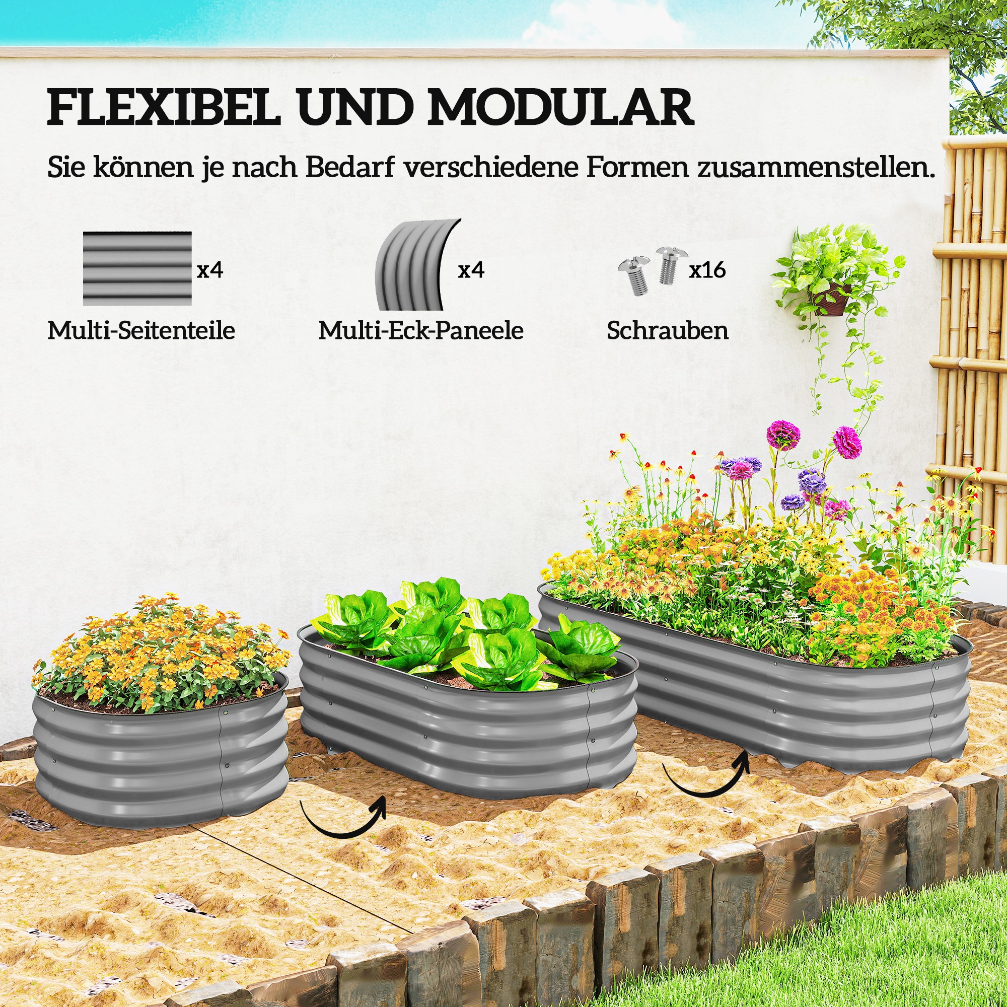 Hochbeet Pflanzenbeet, modulares Hochbett, geschützte Kanten, Design ohne Boden,  150 x 62 x 30 cm, Silber