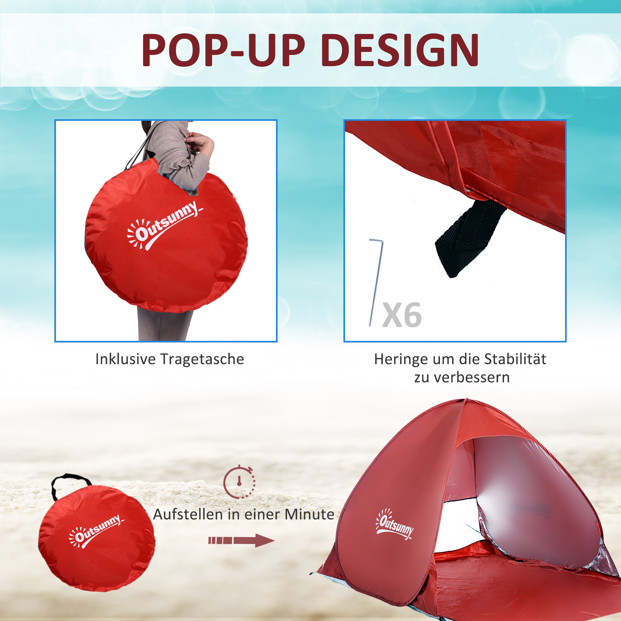 Pop-up-Zelt, Strandzelt, Campingzelt, Polyester, 200 x 150 x 119 cm, Rot