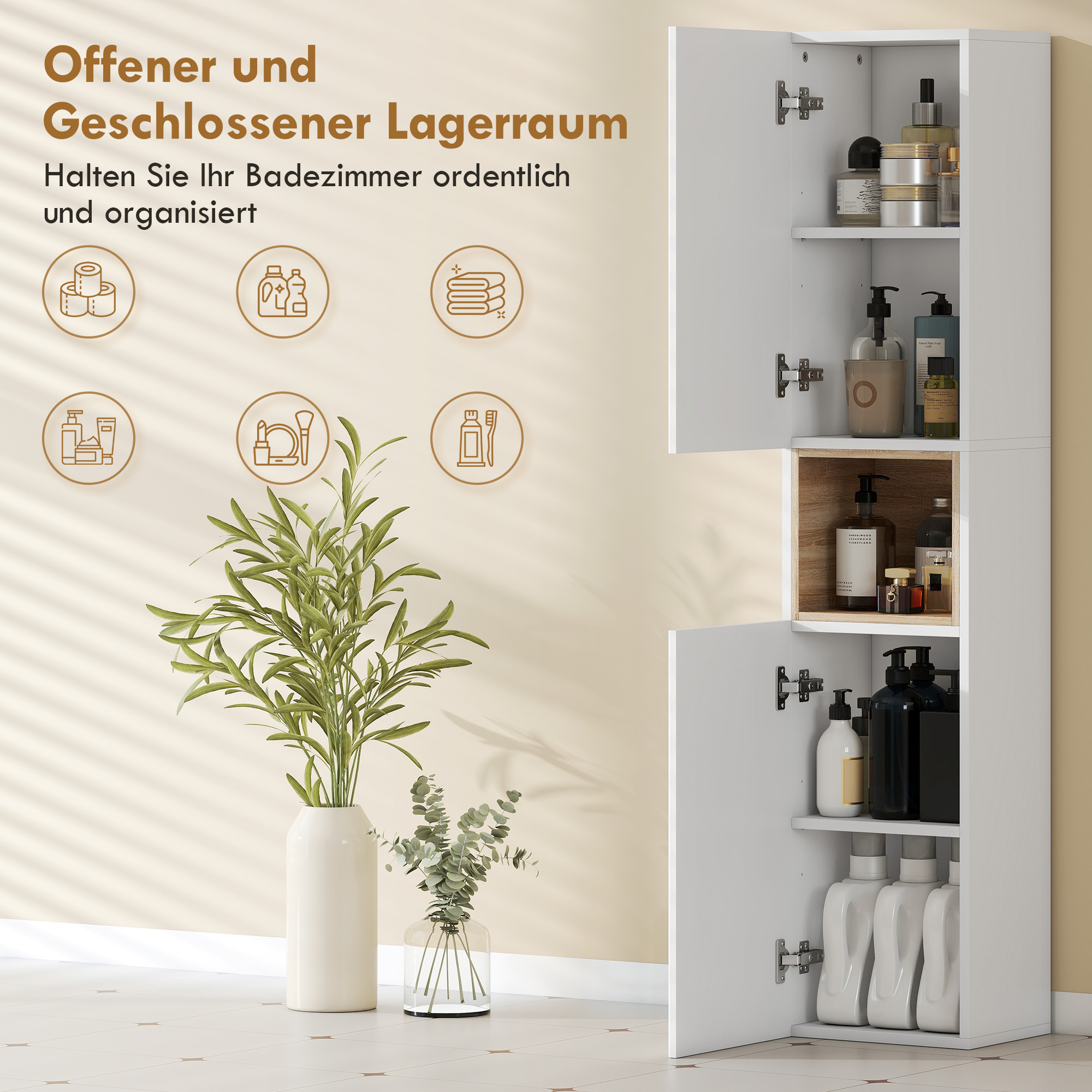 Badezimmerschrank, freistehend mit 2 Türen und offenem Regal, Weiß