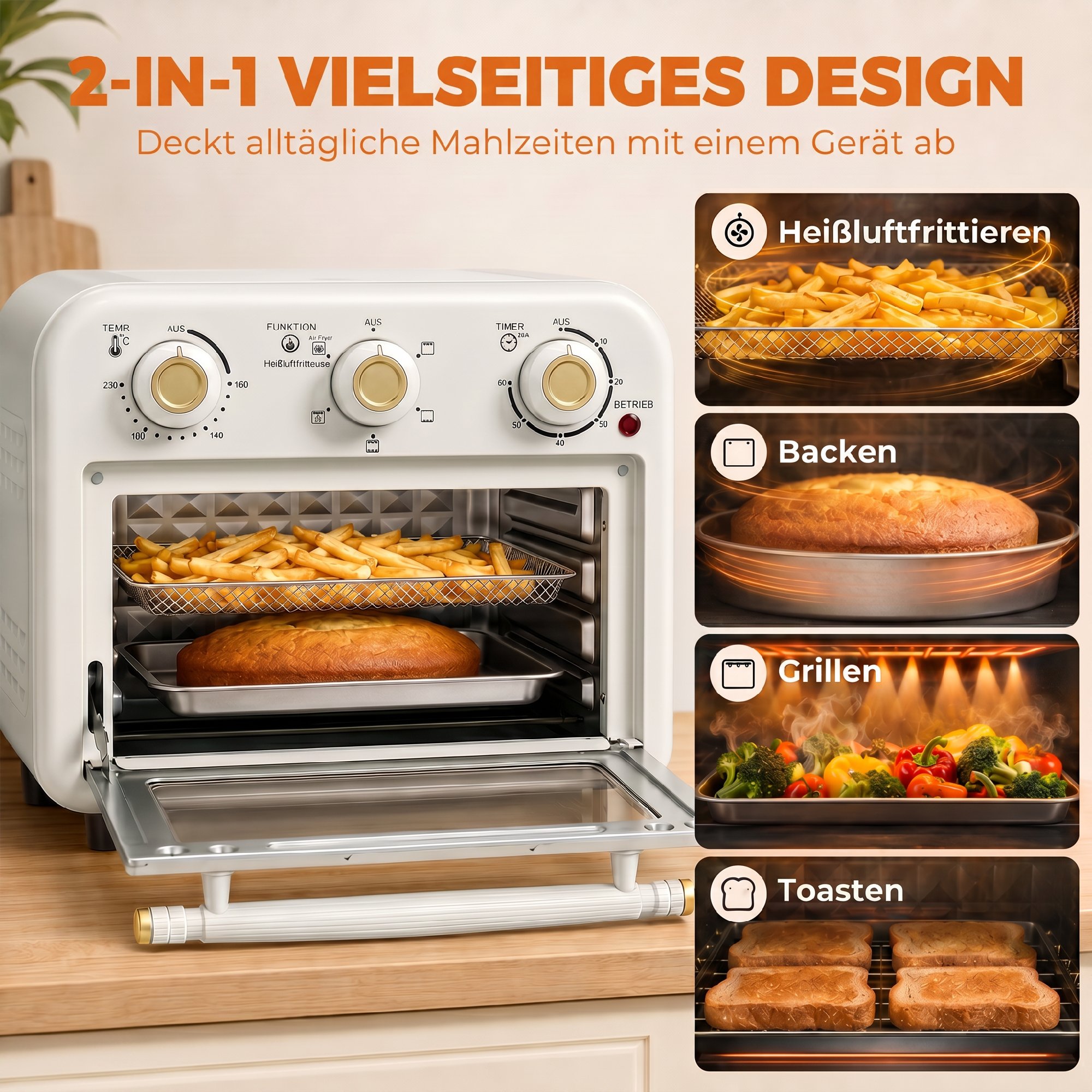 Heißluftfritteuse 12 Liter Mini Backofen mit Umluft, 5 Programmen, Backblech und Frittierkorb, 1200 W, Spülmaschinenfest