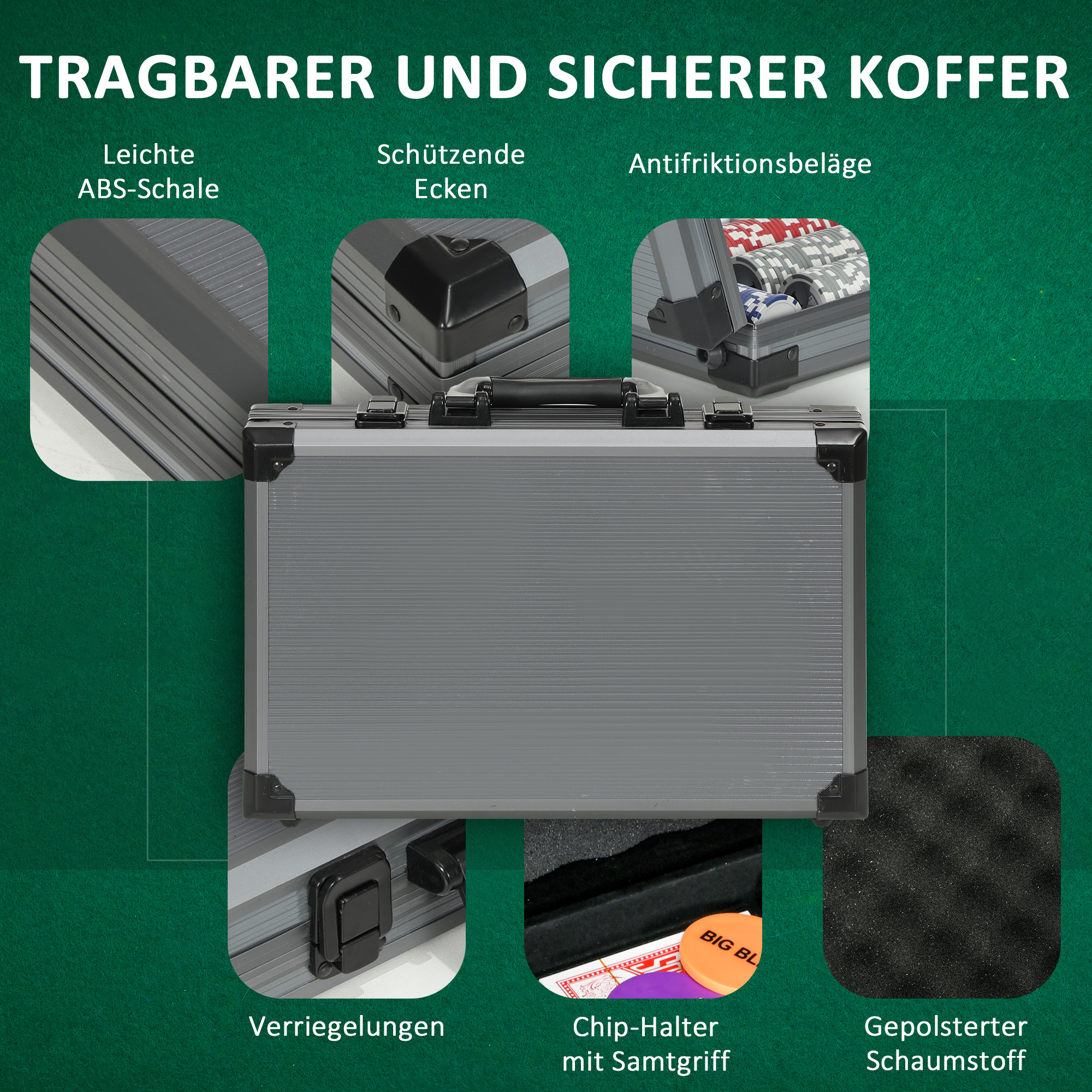 Poker-Set, Pokerkoffer, 400 Chips, 2 Kartendecks, 5 Würfel, Dealer-Scheibe, Unterlage