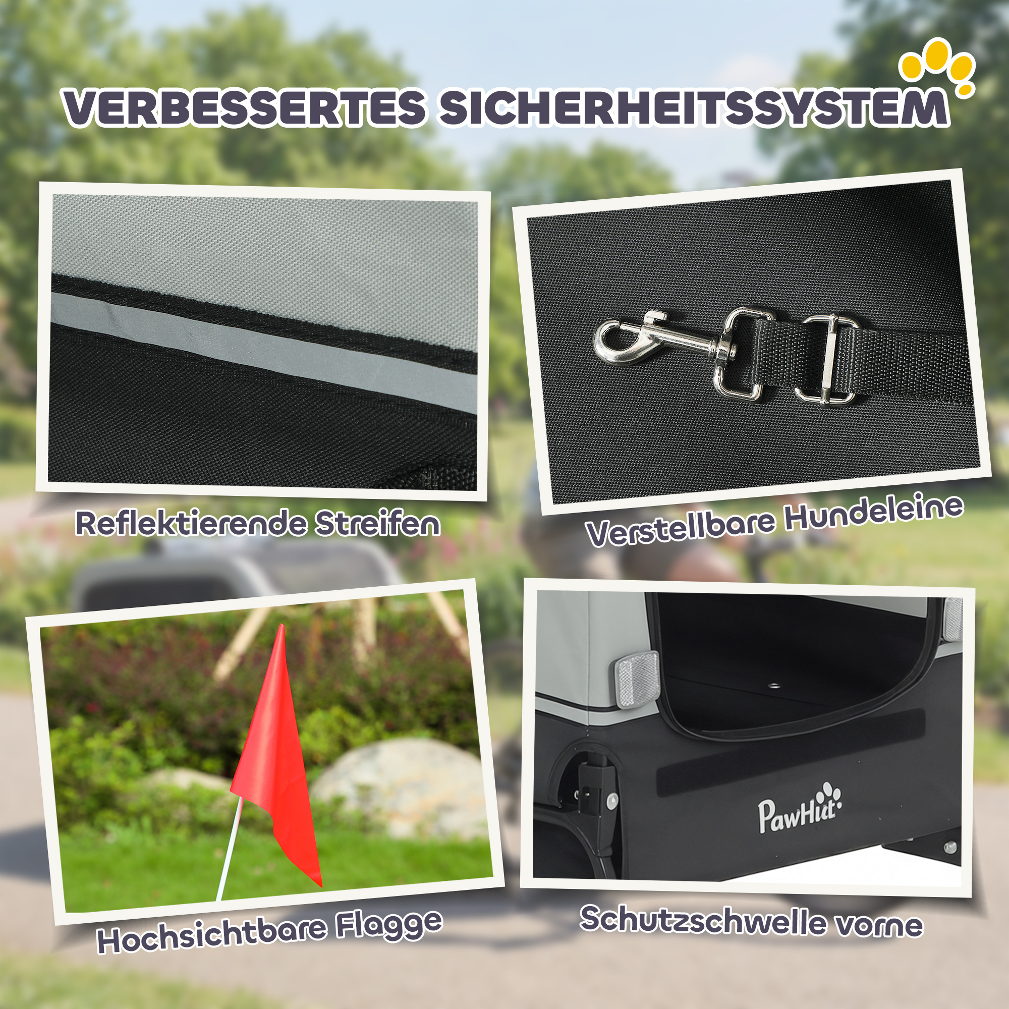 faltbarer Fahrradanhänger für mittelgroße Hunde bis 20kg mit herunterklappbare Rampe Reflektoren Leine Flagge Grau