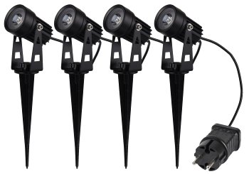 Gartenstrahler Set mit 4 Spots, Netzteil, Erdspieß, 3000k, IP44