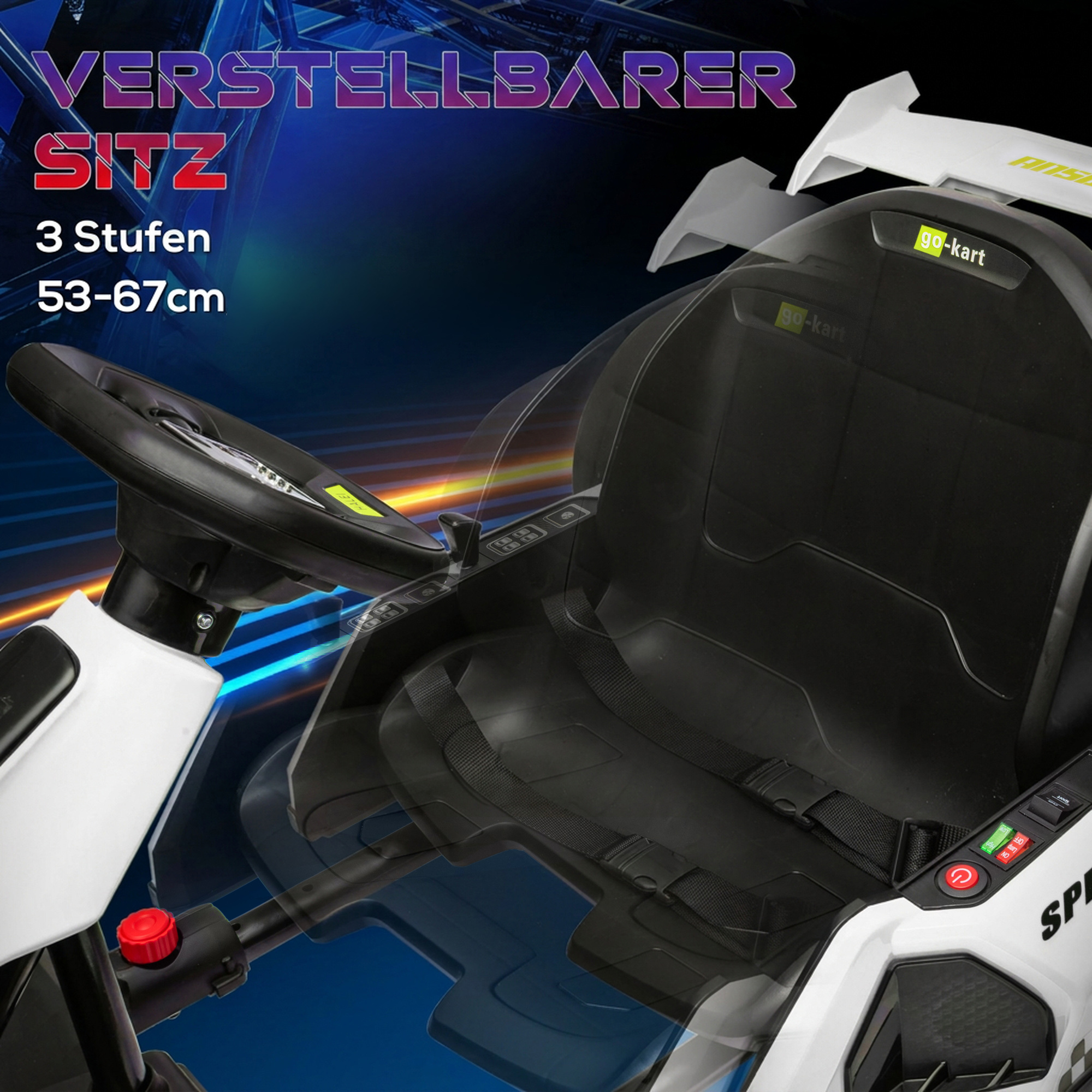 24V Elektro Go-Kart, für Kinder, bis 12 Km/h Gokart mit Drift-Funktion, 2 Motoren, verstellbarer Sitz, Sanftanlauf. schwarz-weiß