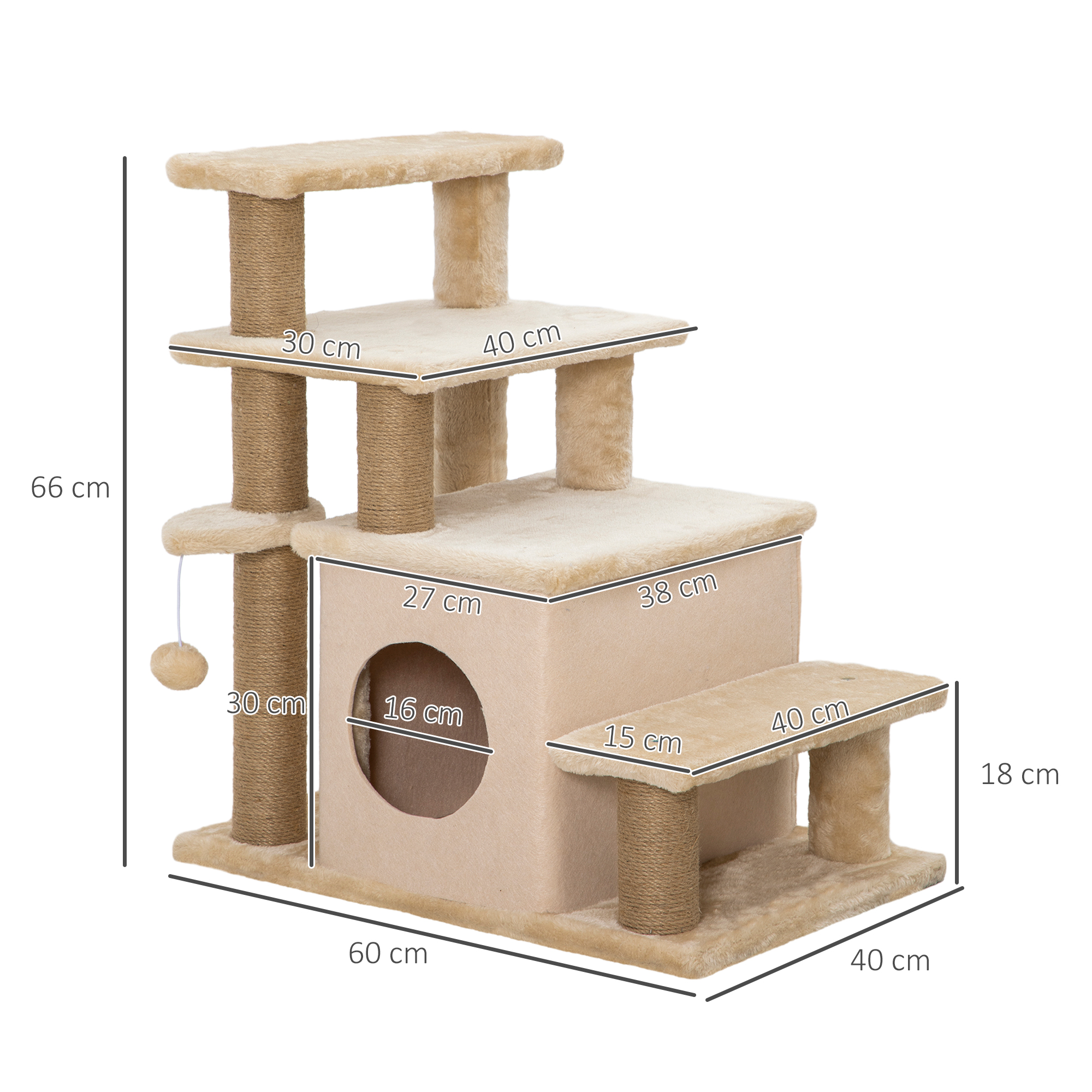 Haustiertreppe, Kratzbaum, 4 Stufen, Spielball, Häuschen, höhenverstellbar, 60 x 40 x 66 cm, Beige