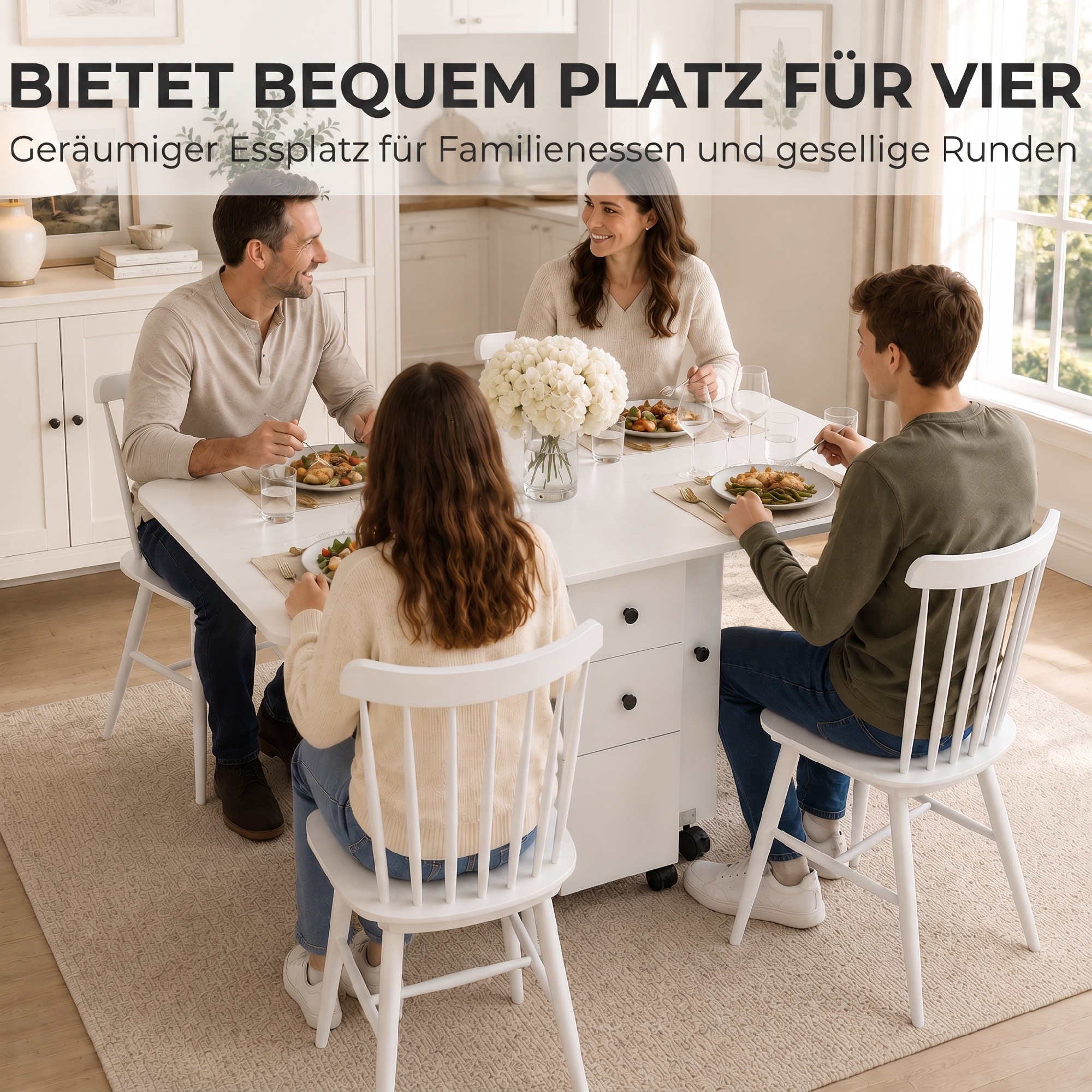 Klappbarer Esstisch, rollbarer Küchentisch mit Schubladen und Schrank, Weiß