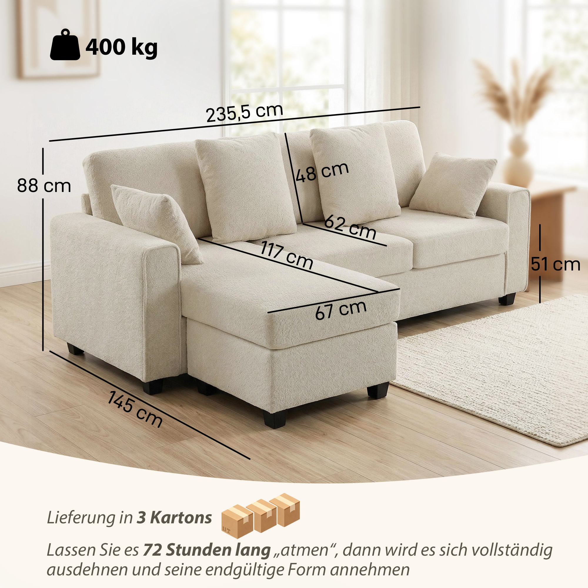 Ecksofa mit umkehrbarer Chaiselongue, 3-Sitzer Sofa mit Samtoptik, breite und tiefe Sitzfläche, Federkissen, Beige